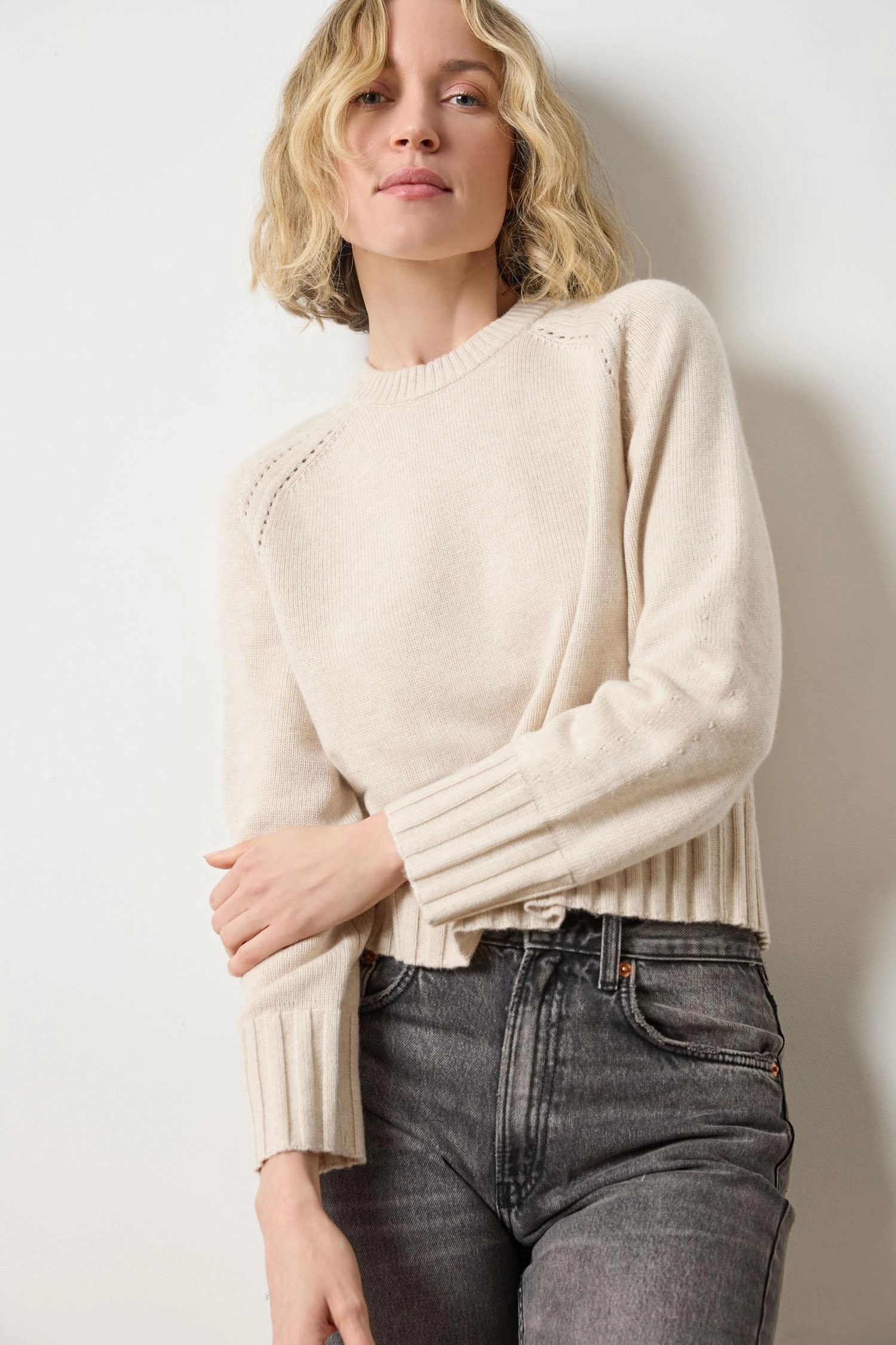 Saddle Sleeve Crewneck Sweater in Oat Lightweight Weave Material FrictionResistant Edges