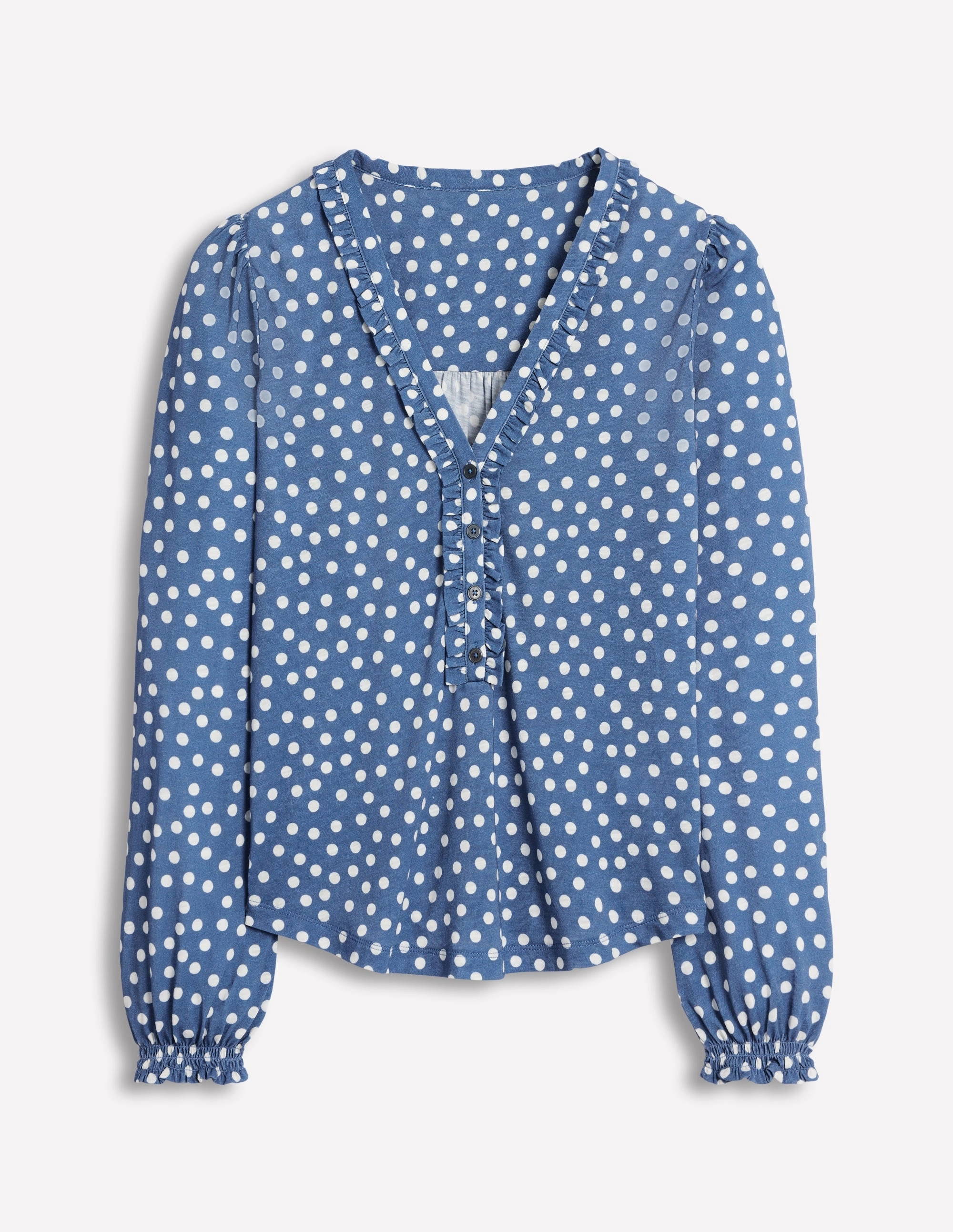 Summer Sweater Compact Stitching Poppy Ruffled Henley Top-Blue River, Abstract Spot