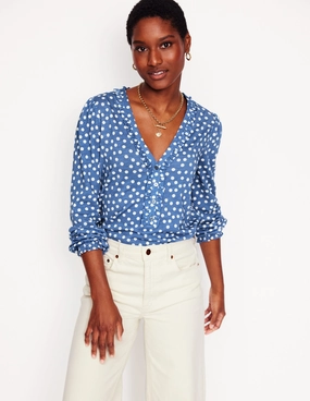 Poppy Ruffled Henley Top-Blue River, Abstract Spot Bonded Seam Durability
