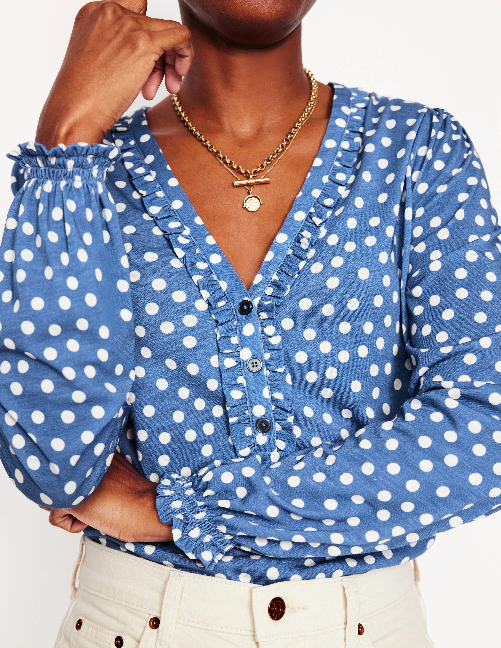 Poppy Ruffled Henley Top-Blue River, Abstract Spot Odor Resistant Layered Panel Construction