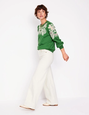 Flexible Material Multipanel Construction Puff Sleeve Cutwork Sweatshirt-Paradise Green