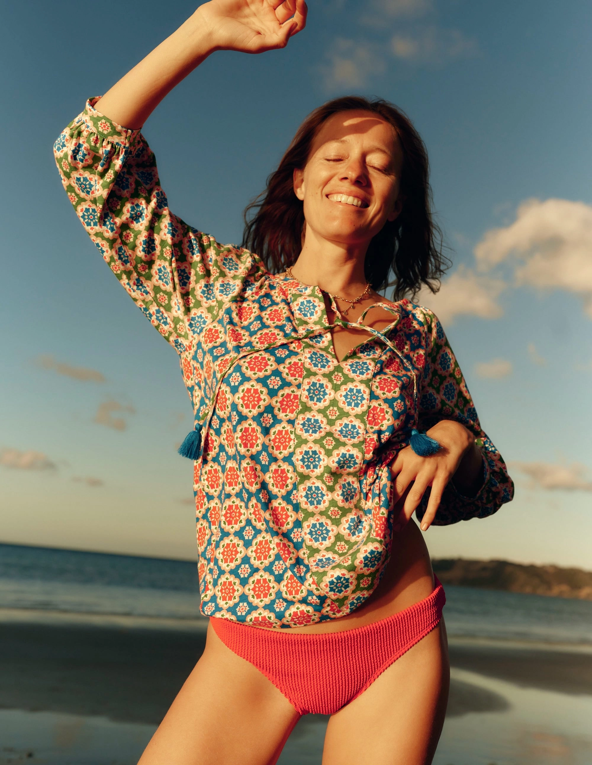 Office Attire Two Tone Texture Effect Blouson Sleeve Raglan Top-Bloom Geo