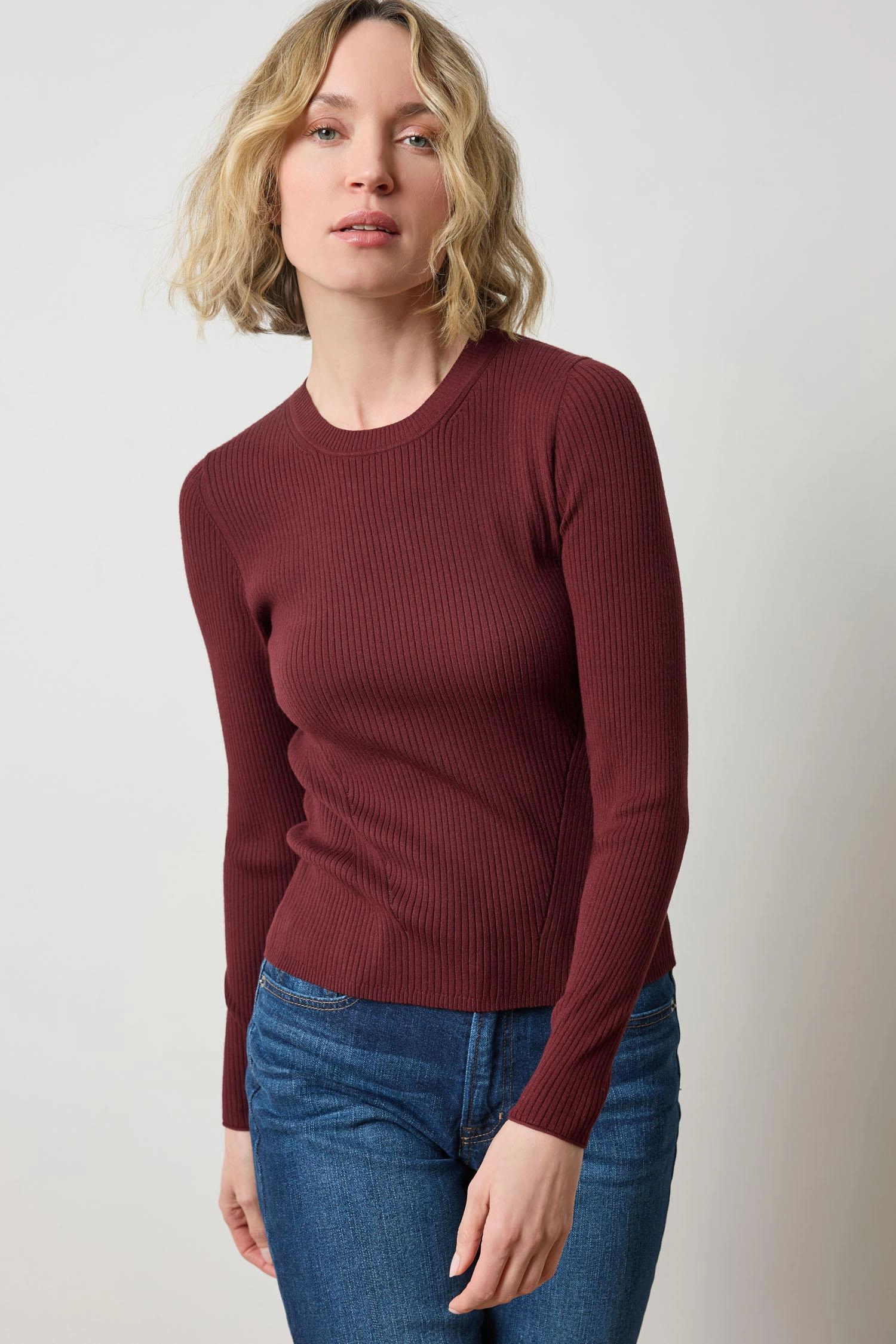 FrictionResistant Fabric Fitted Crewneck Sweater in Dark Cherry