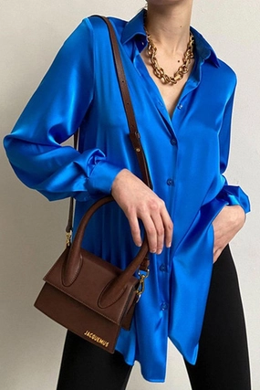 WOMEN LONG SLEEVED SATIN BUTTON UP SHIRTS Seamless Construction Design CroppedLength