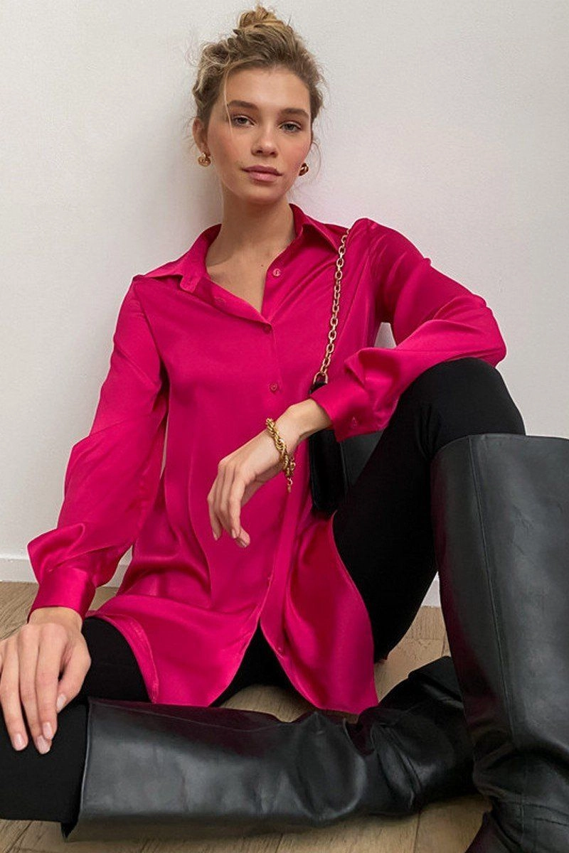 WOMEN LONG SLEEVED SATIN BUTTON UP SHIRTS Adjustable Hem Cuff