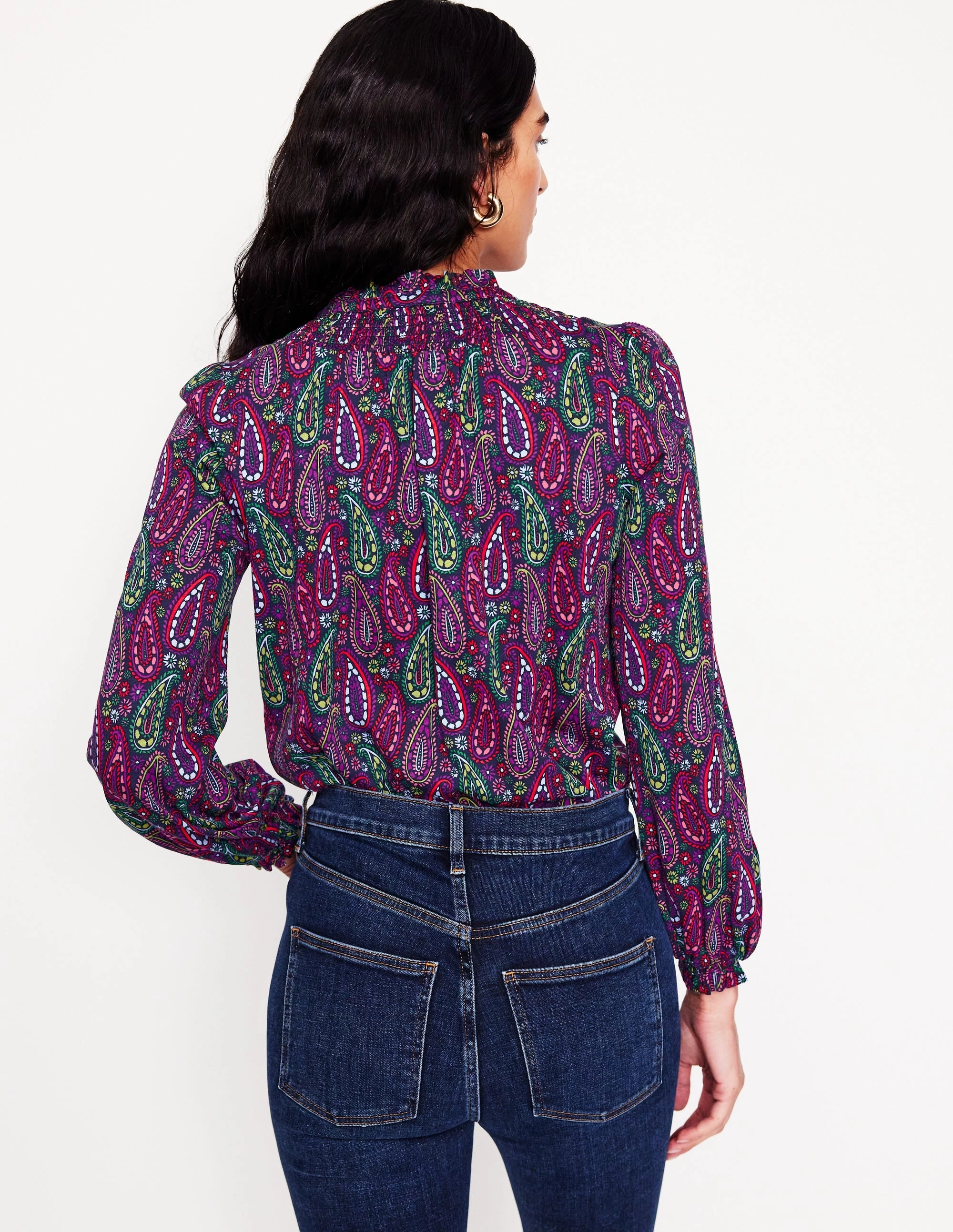 Fay Smocked Jersey Shirt-Multi, Illustrated Paisley CrewNeck VentilatedMesh