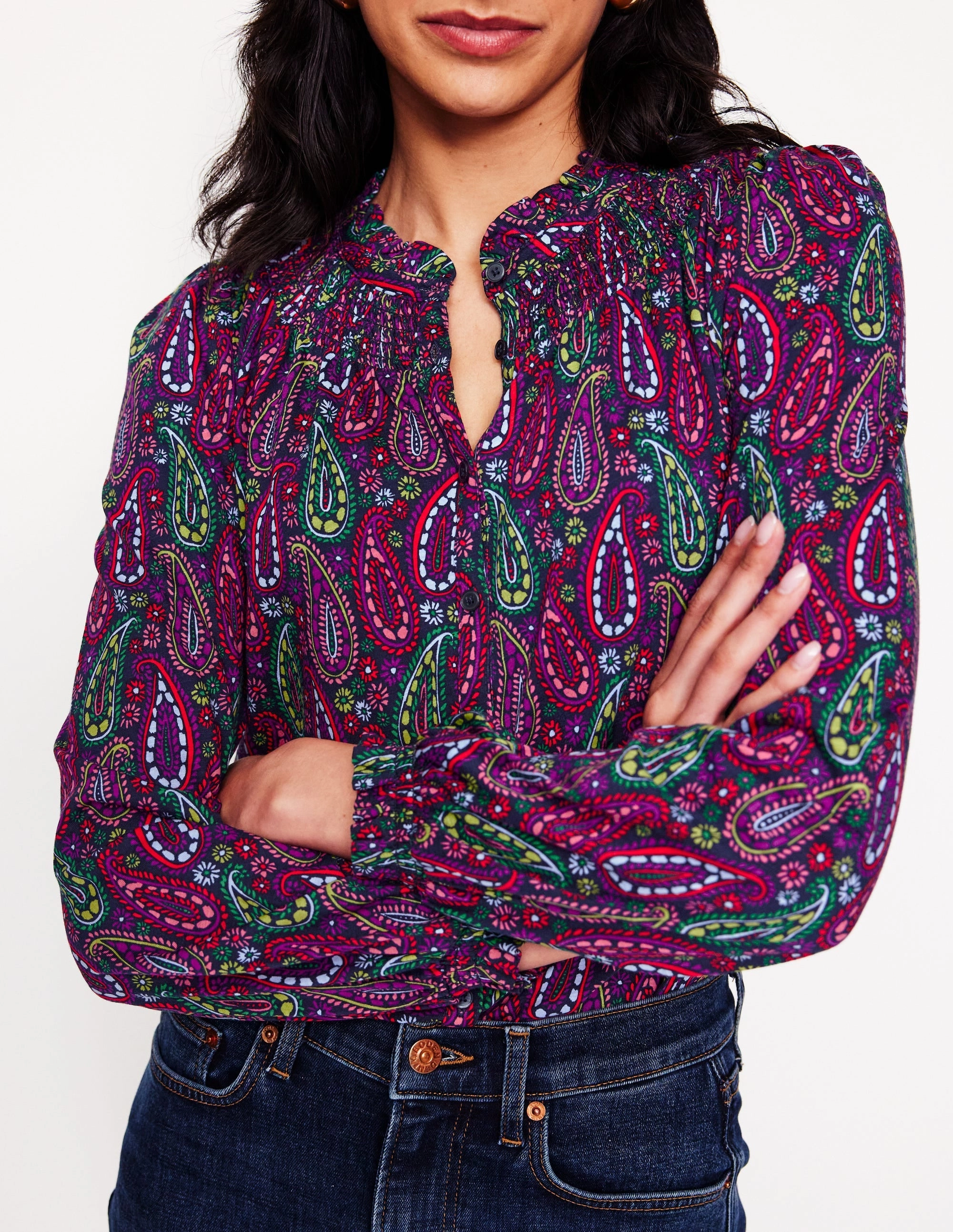 Eco Dye Process Fay Smocked Jersey Shirt-Multi, Illustrated Paisley