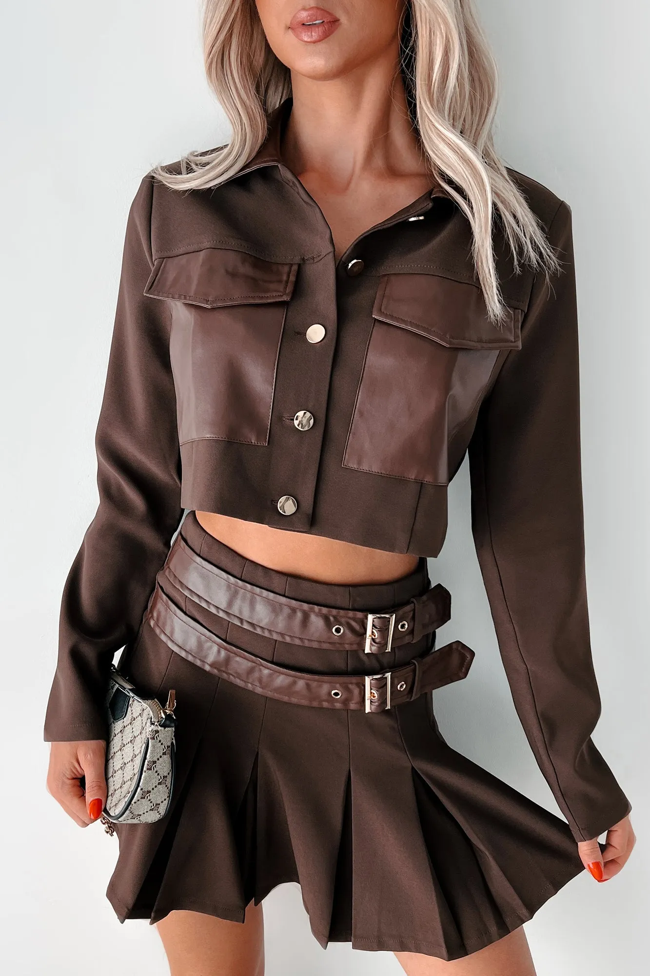 Different Type Of Girl Crop Jacket & Skirt Set (Chocolate) Black Deodorant