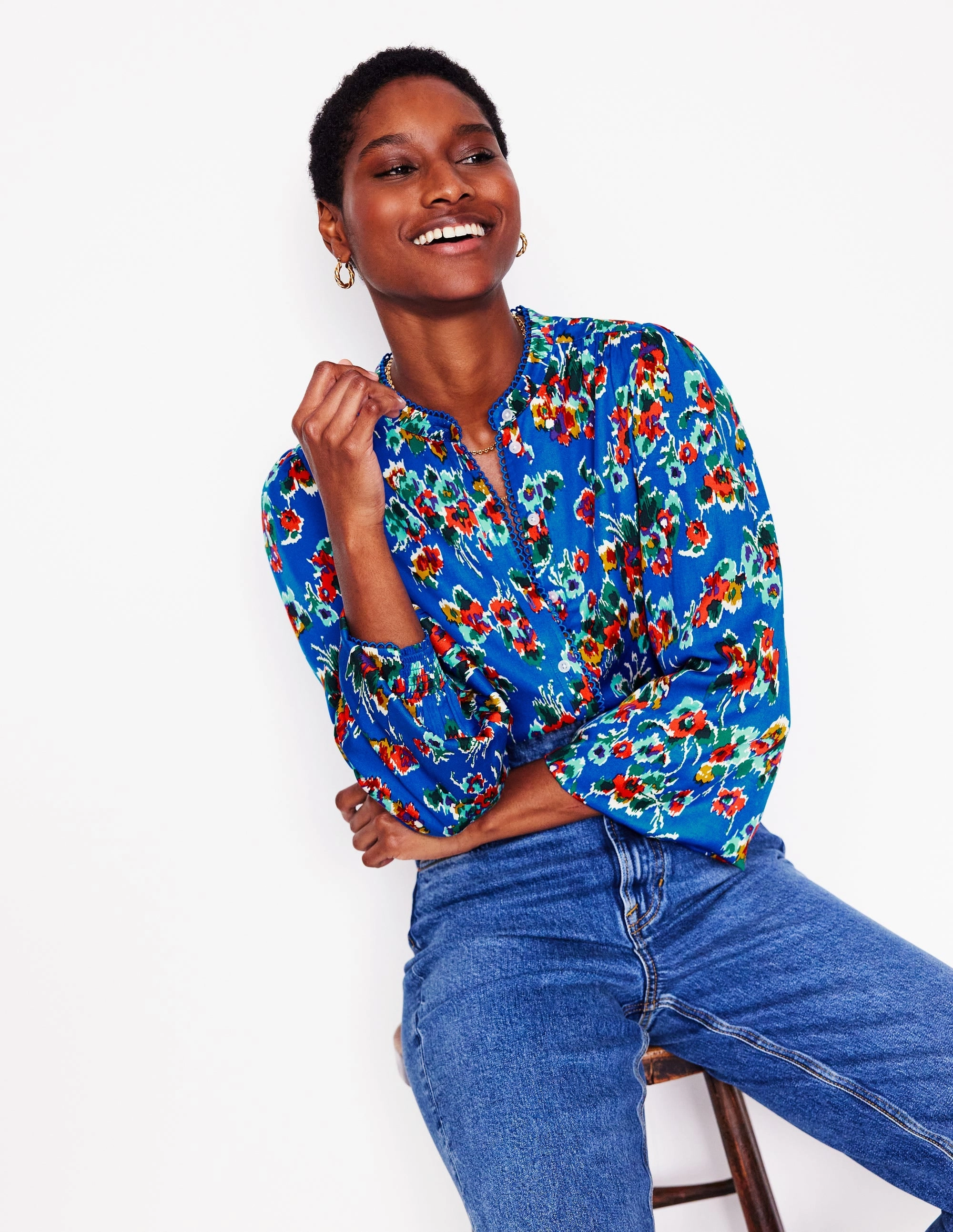 Ara Long Sleeve Top-Gallery Blue, Abstract Posy Loose Blouse