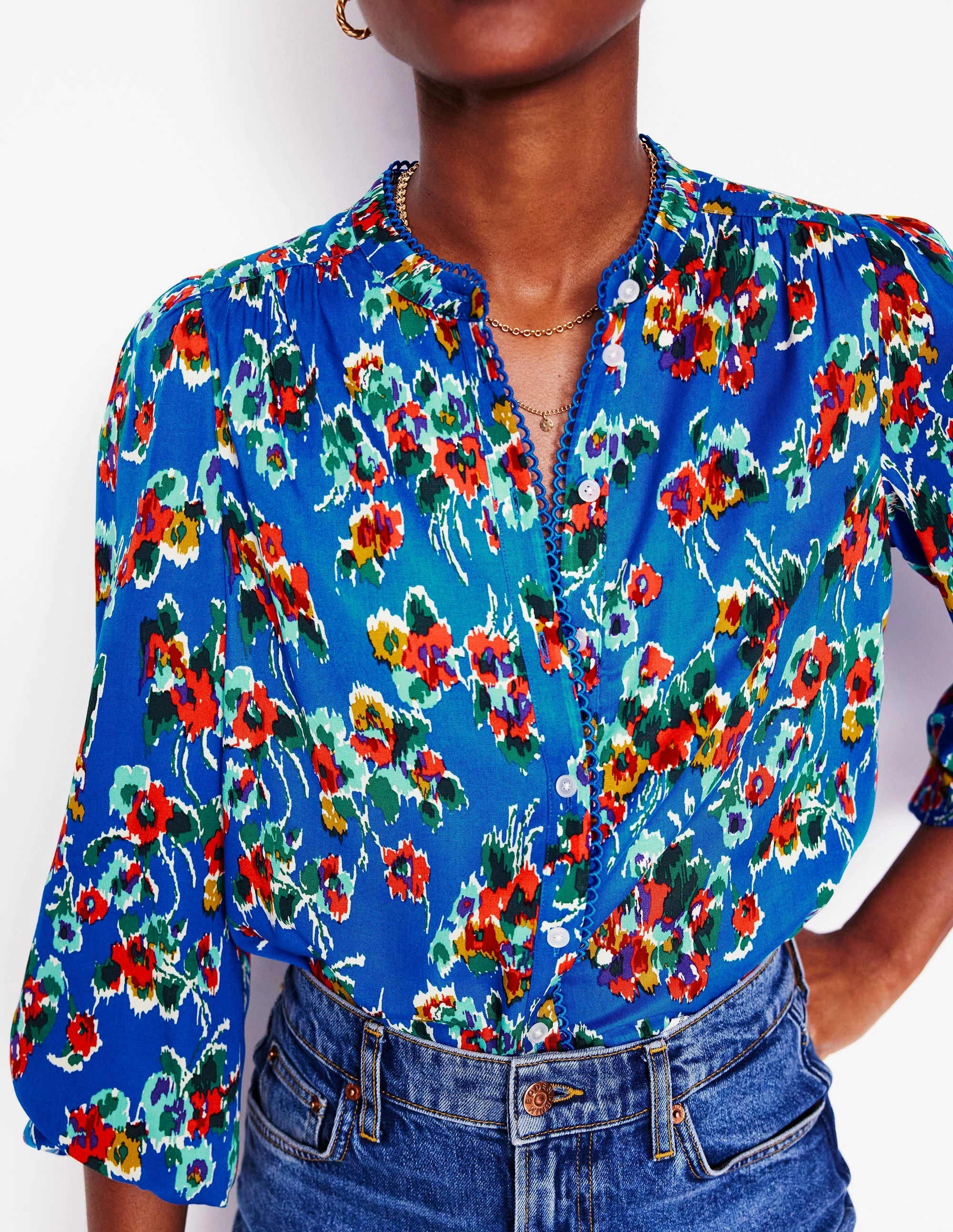 Ara Long Sleeve Top-Gallery Blue, Abstract Posy Circular Knit Technology Versatile Layering Piece