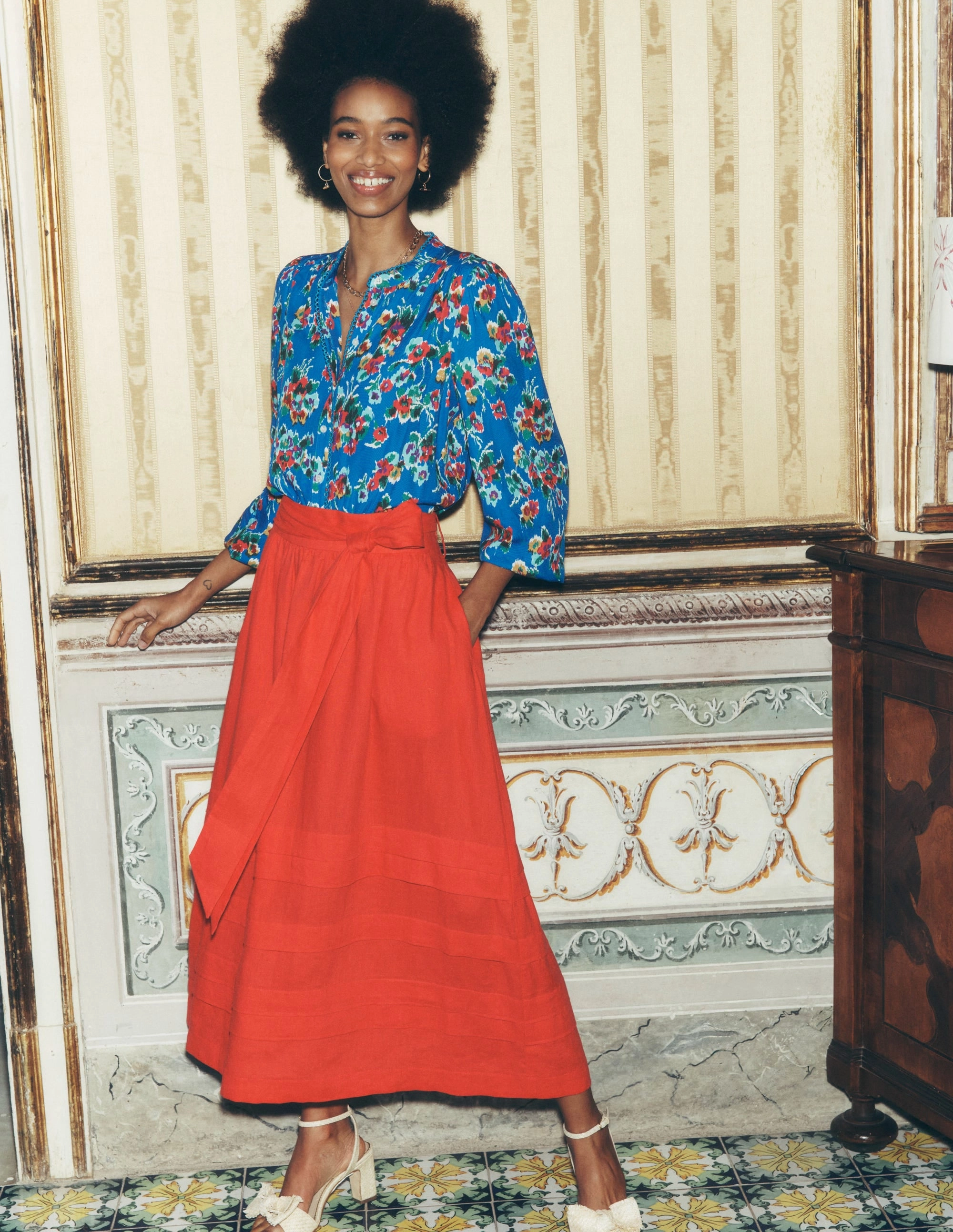 Ara Long Sleeve Top-Gallery Blue, Abstract Posy Drop Shoulder Design AntiPill Texture