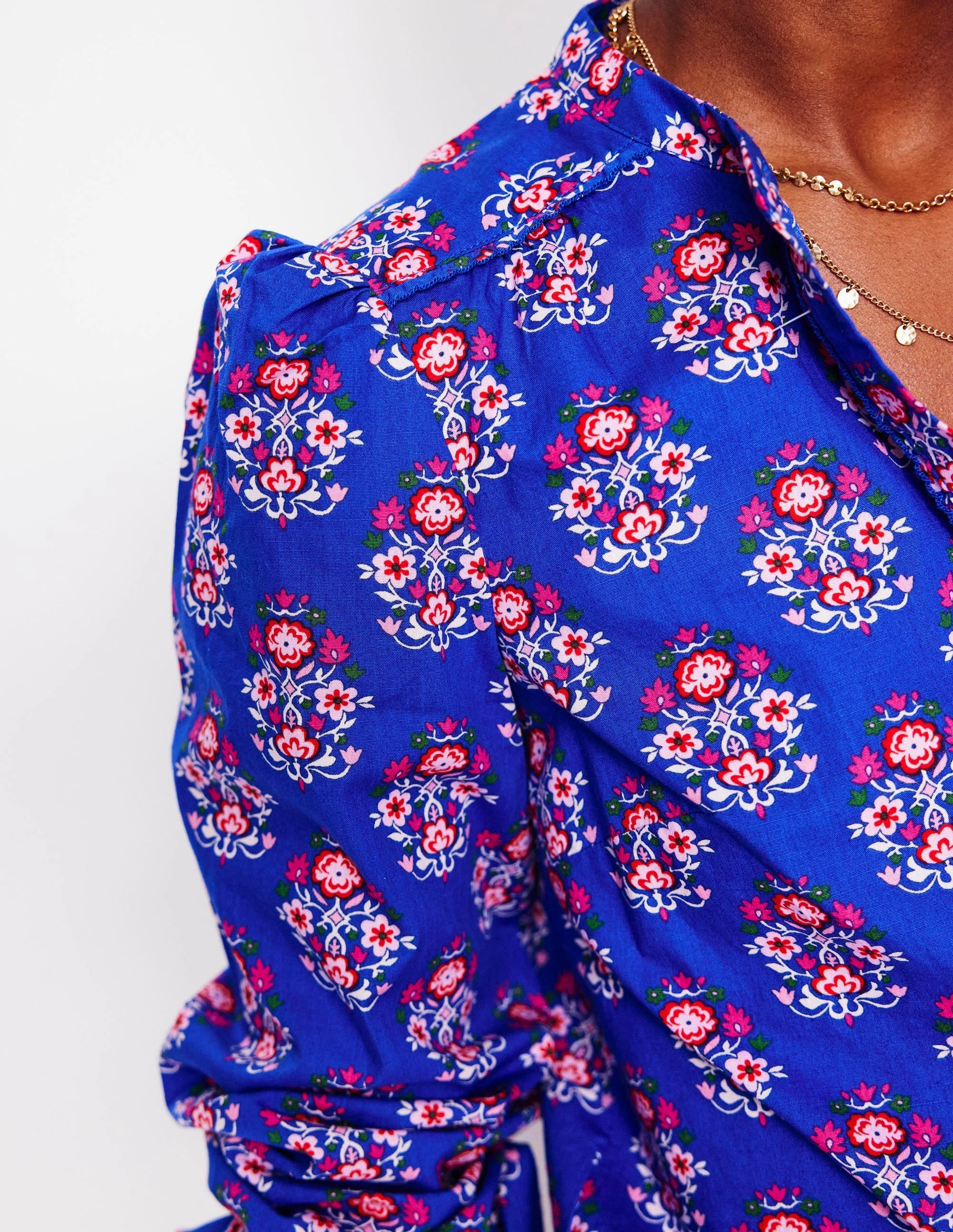 Arabella Cotton Blouse-Bright Blue, Wildflower Stamp Mesh Lining