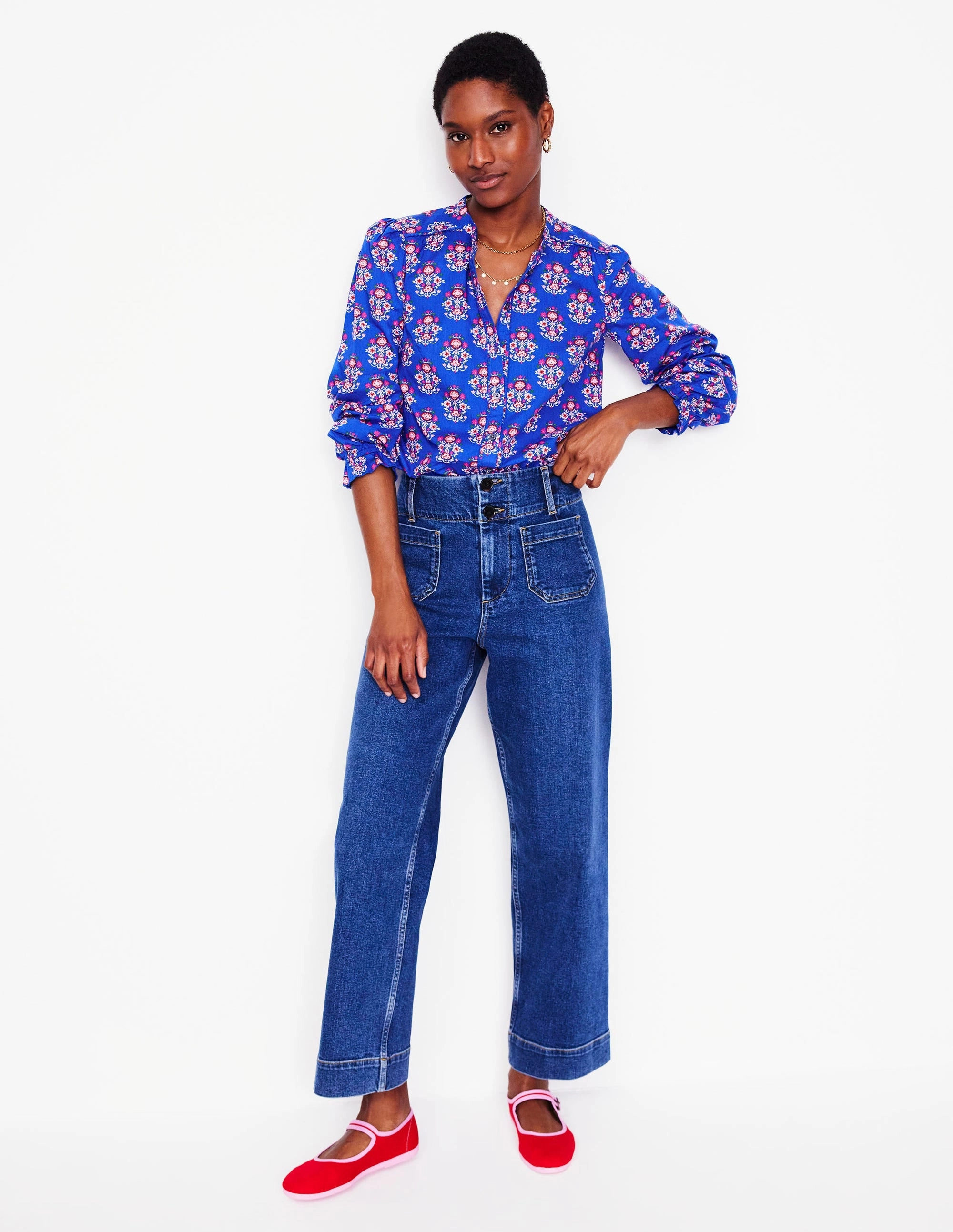 Wind Resistant Fabric Arabella Cotton Blouse-Bright Blue, Wildflower Stamp