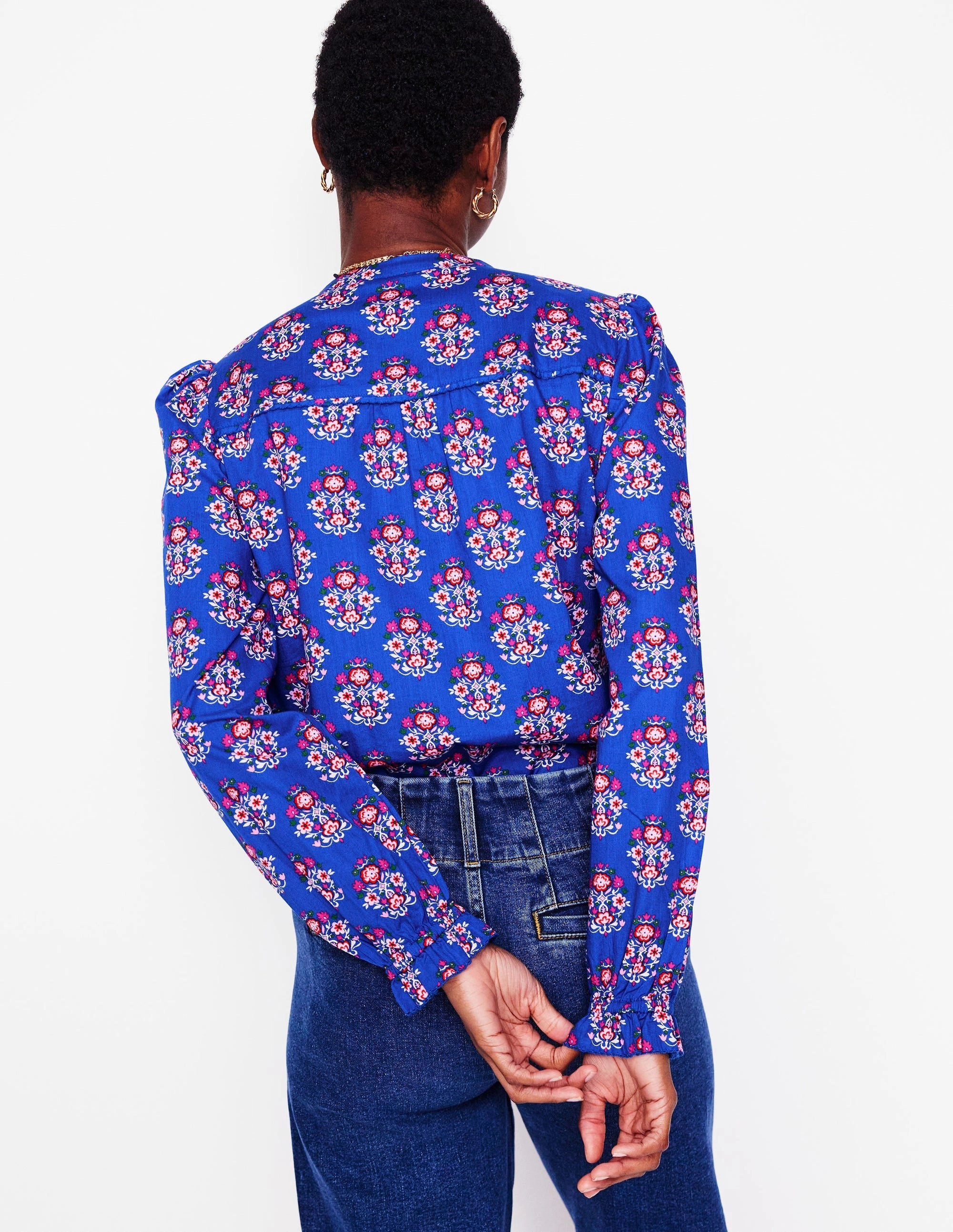 Arabella Cotton Blouse-Bright Blue, Wildflower Stamp Elegant Look
