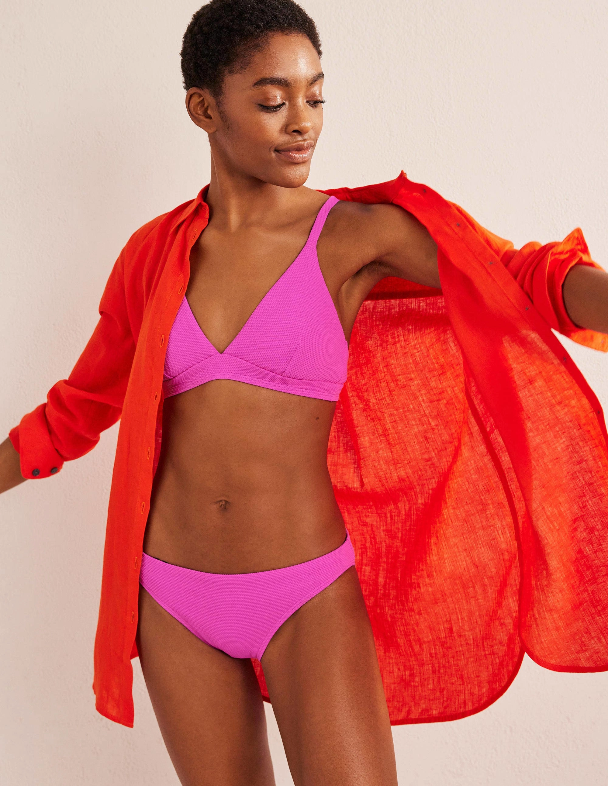 Arezzo V-neck Bikini Top-Amazing Pink Texture Drawstring-Closure