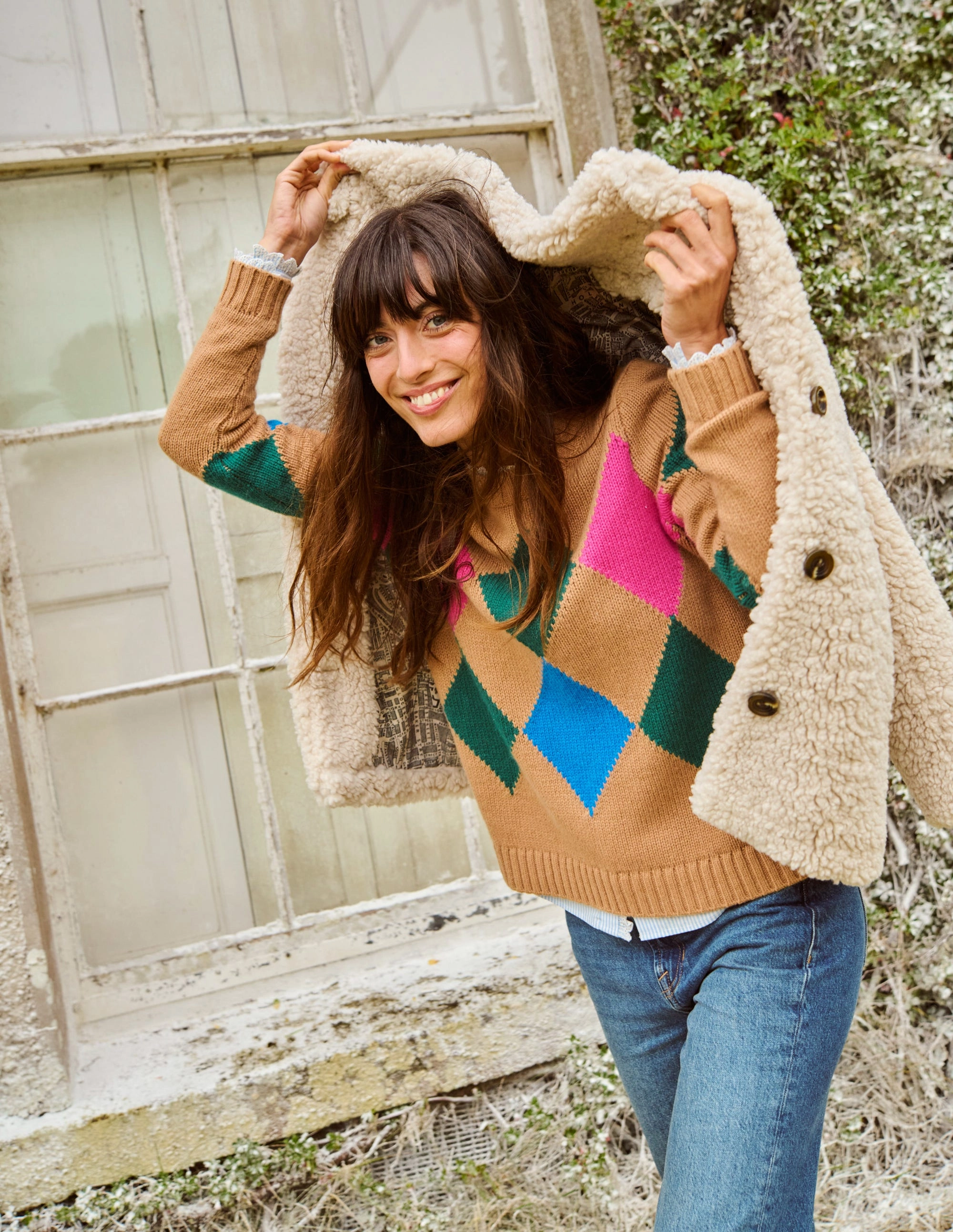 Closet Essential Office Friendly Argyle Crew Neck Jumper-Camel Melange, Multi