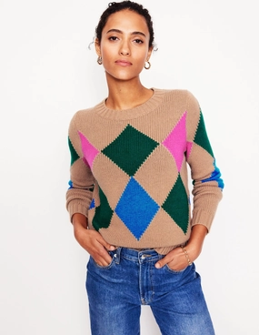 Ribbed Hemline Stretch Knit Backing Argyle Crew Neck Jumper-Camel Melange, Multi