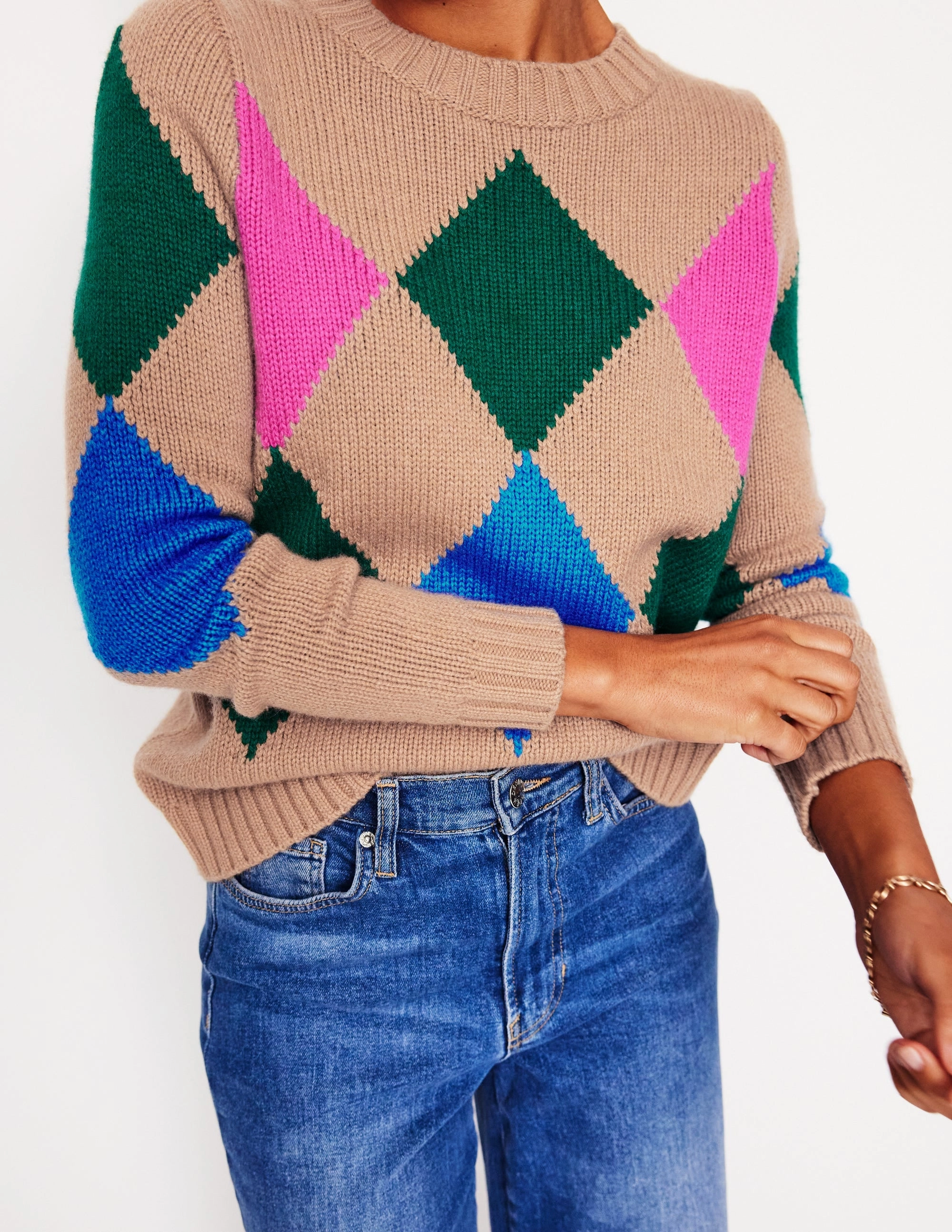 Argyle Crew Neck Jumper-Camel Melange, Multi Minimal Fashion