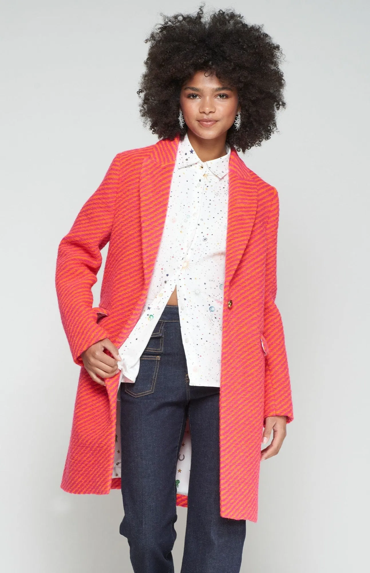 LowMaintenanceFabric Aricia Diagonal Striped Wool Long Coat in Pink and Orange