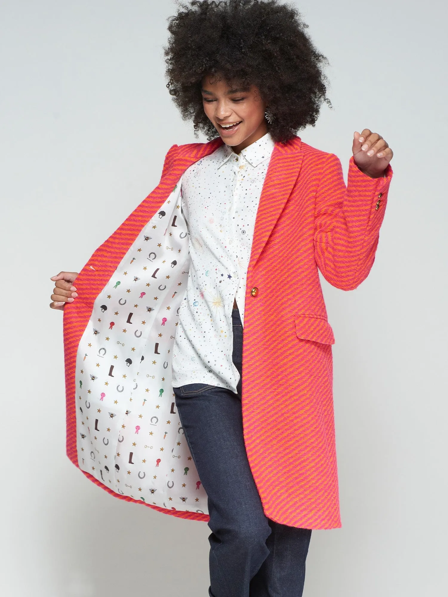 Aricia Diagonal Striped Wool Long Coat in Pink and Orange Professional Wear Reinforced Shoulder Seams