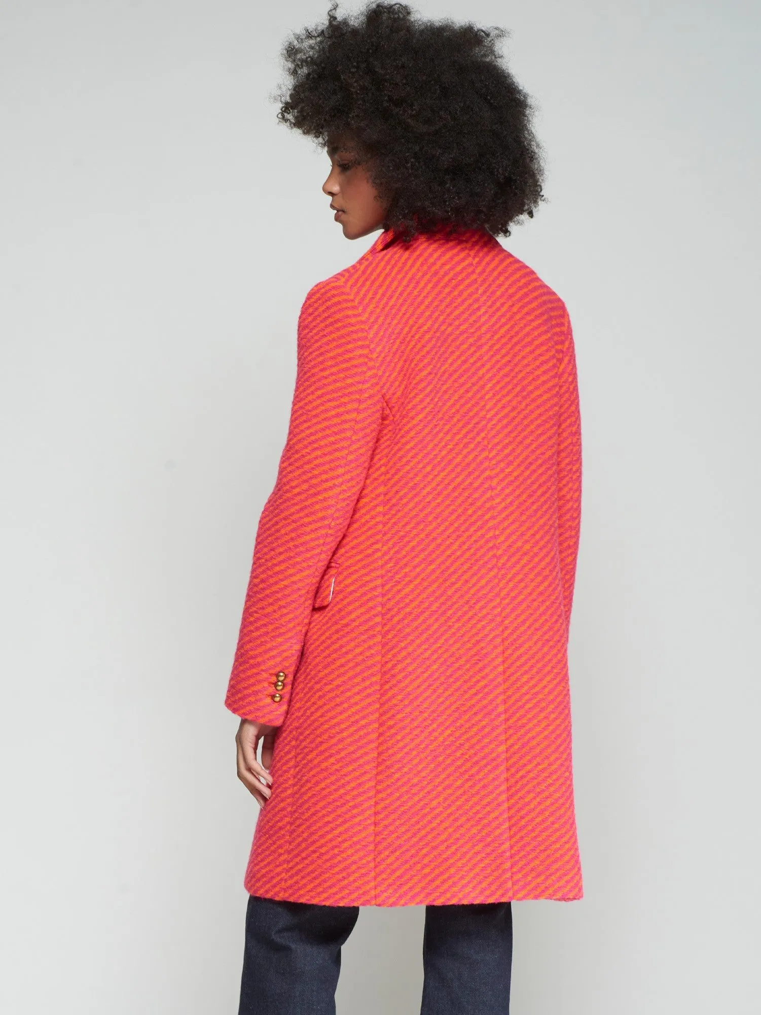 MultiFunctionalPockets SlubTexture Aricia Diagonal Striped Wool Long Coat in Pink and Orange