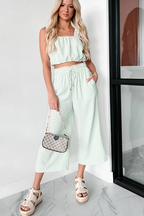 Fade Resistant Dye ElasticCuffs Armondo Gingham Crop Pants (Sage)