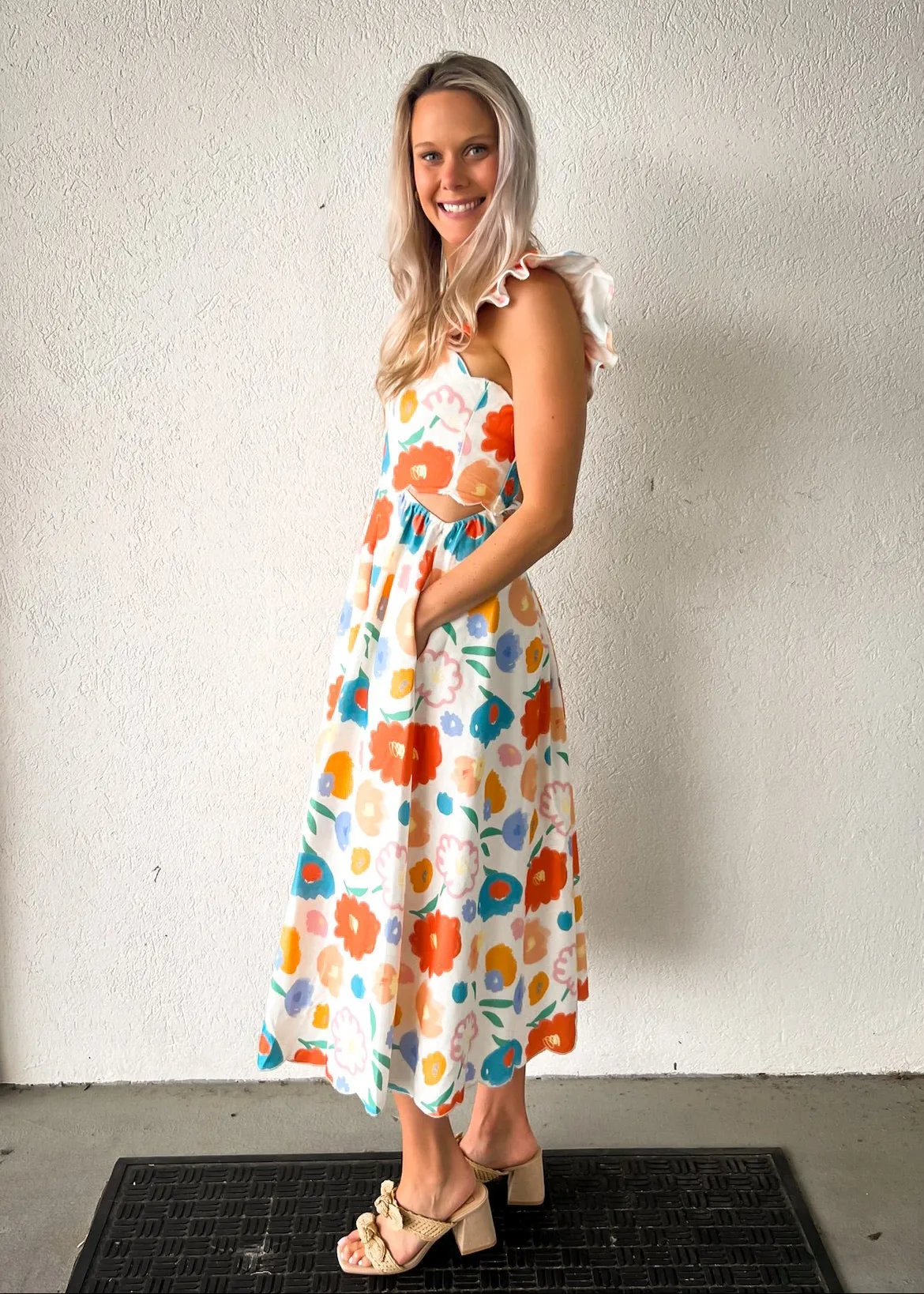 Quilted-Lining Calm Shine ASHTON FLORAL DENIM SCALLOP MIDI DRESS