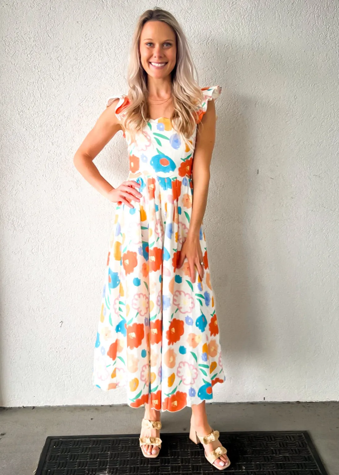 Fashion Fit ASHTON FLORAL DENIM SCALLOP MIDI DRESS