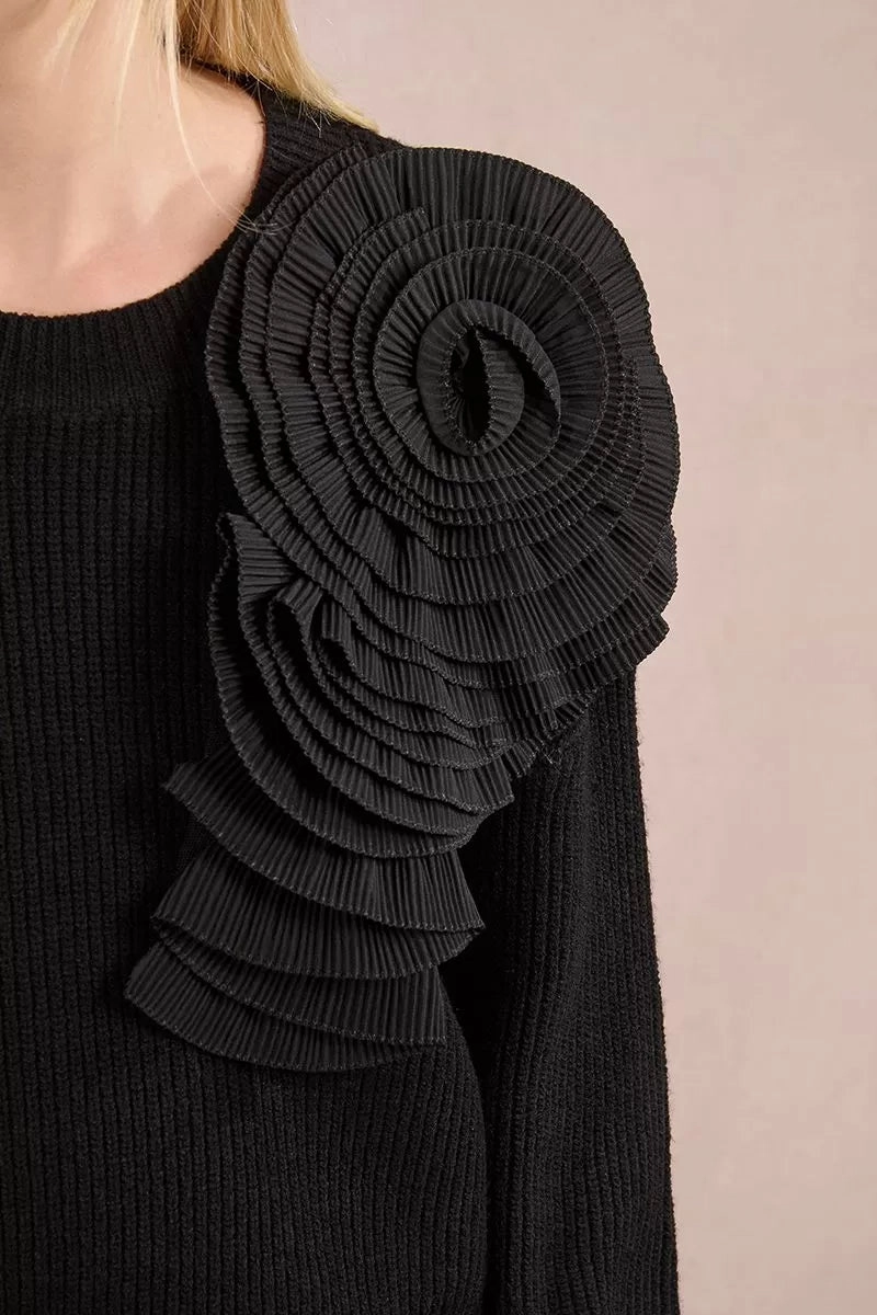 MeshLining Asymmetrical Rose Sweater in Black
