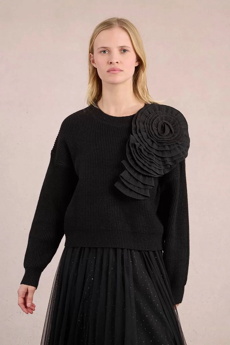 Asymmetrical Rose Sweater in Black FlexibleRibbing