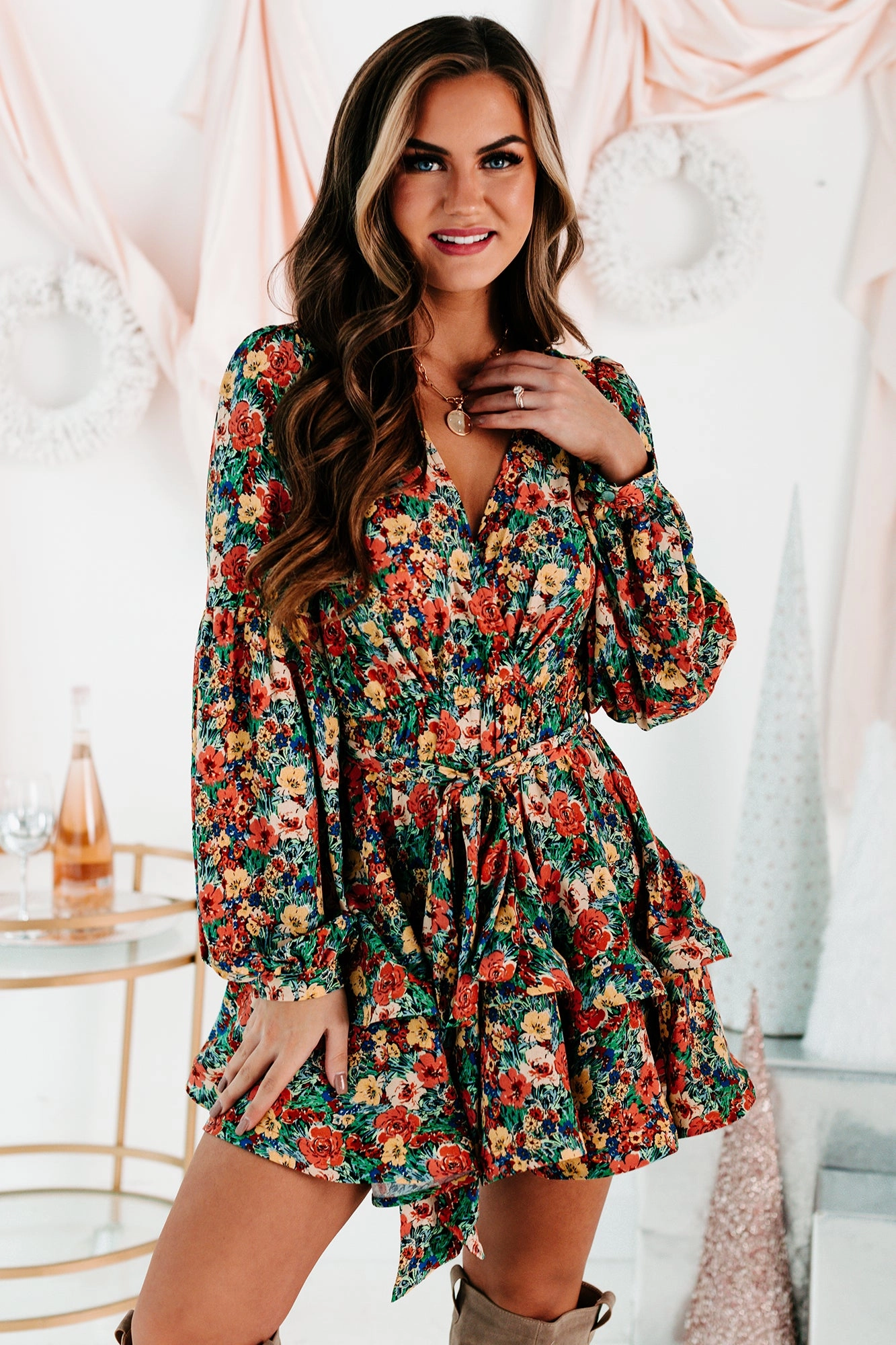 Planting Roots Ruffled Floral Mini Dress (Green Multi) EcoFriendly Dye Process