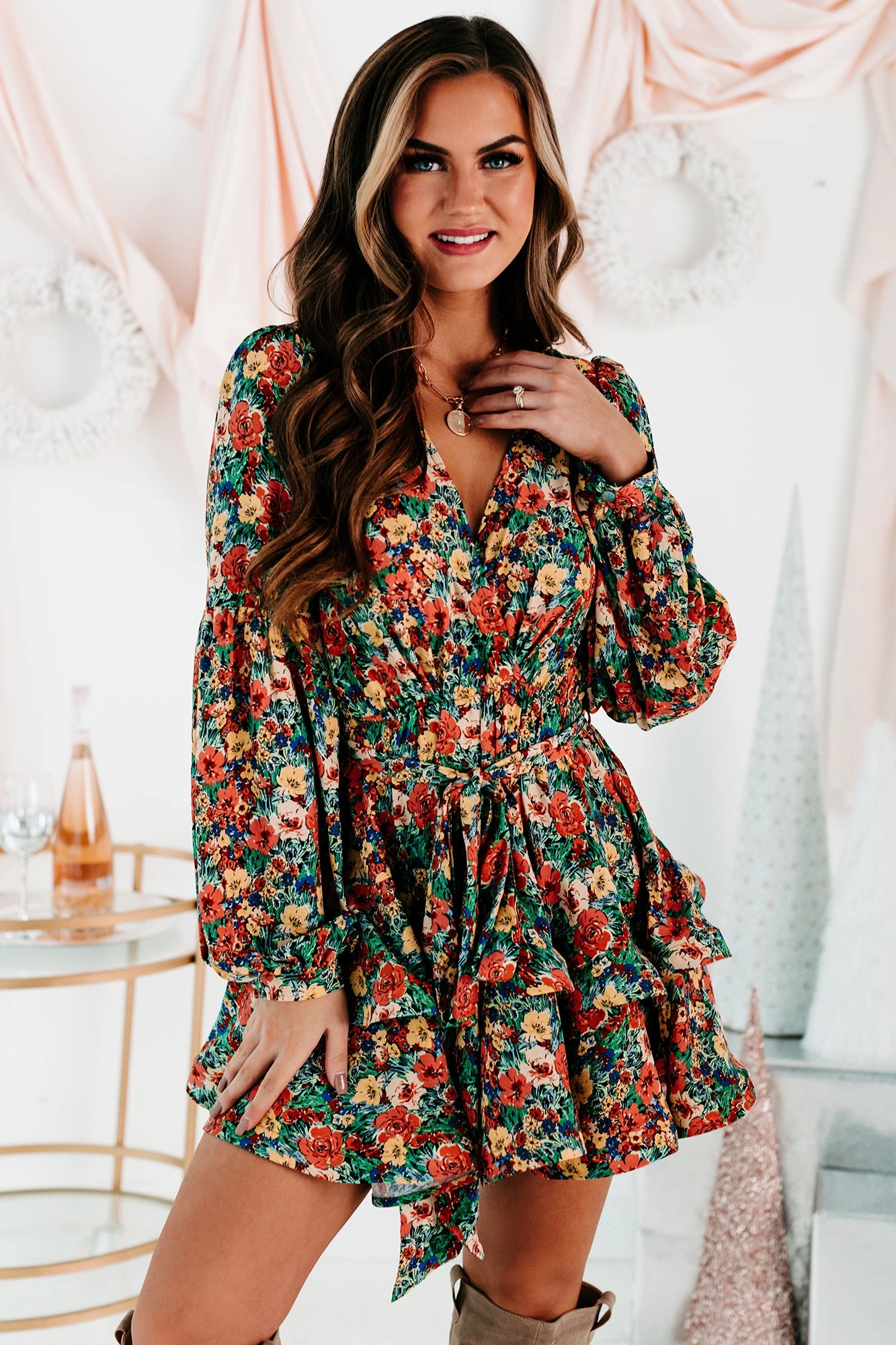 Biodegradable Fiber Tencel Blend Fabric Planting Roots Ruffled Floral Mini Dress (Green Multi)