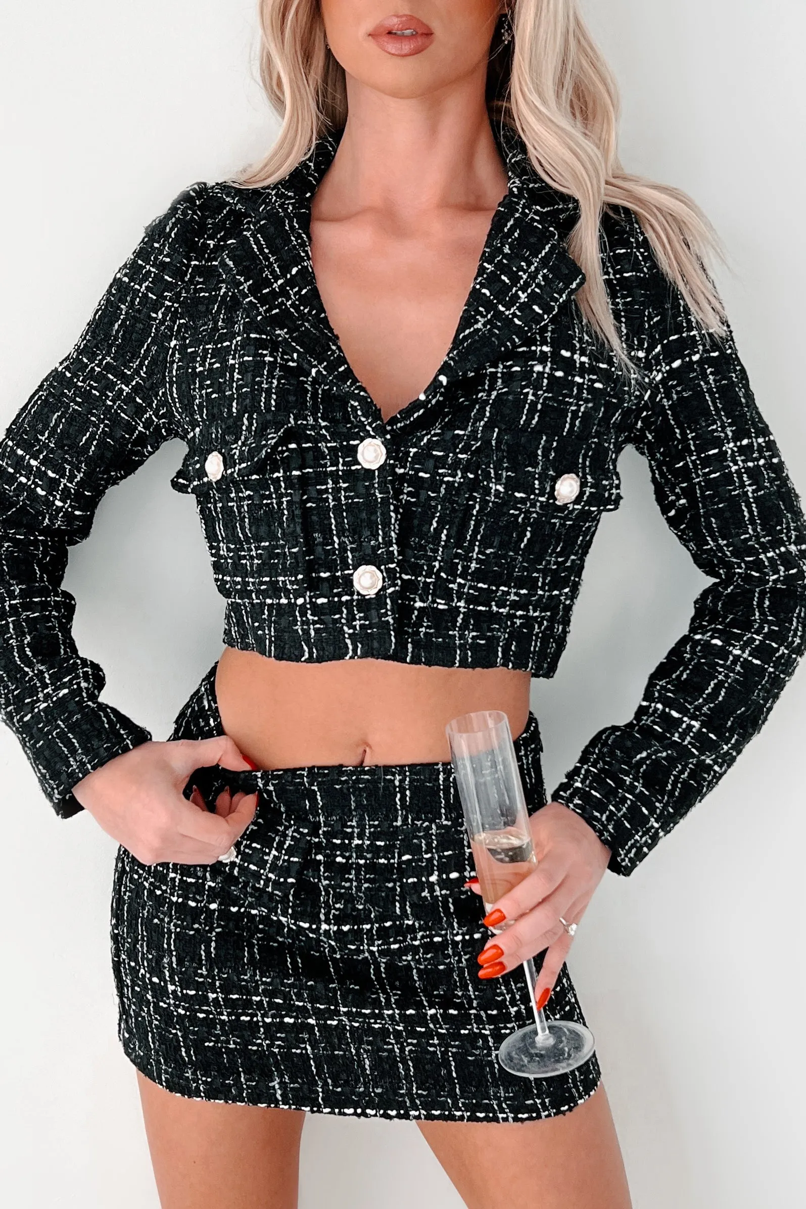 Tear Resistant Weave Mergers & Acquisitions Tweed Crop Blazer (Black)