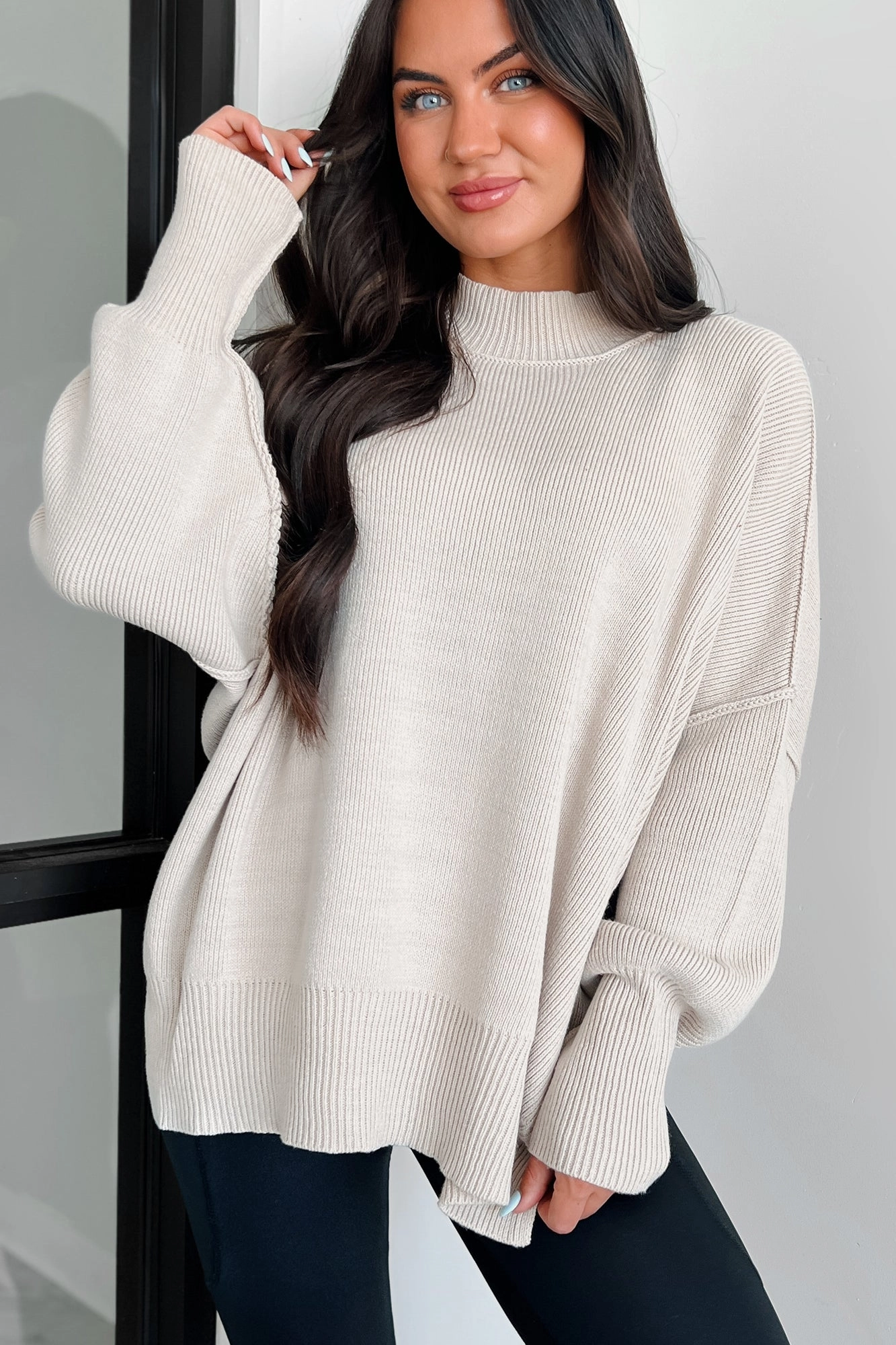 Auden Oversized Zenana Sweater (Sand Beige) Placket Detailing