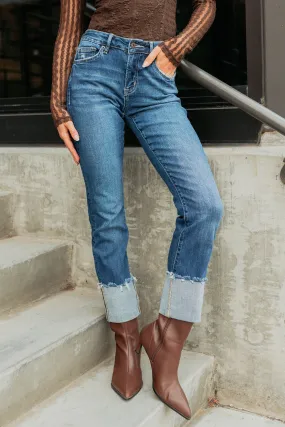 Luxury Textured Athlete Fit Trend Setter Home Comfort Ava Straight Leg Cuffed Mica Denim Jeans (Dark) - Ships by 9/22