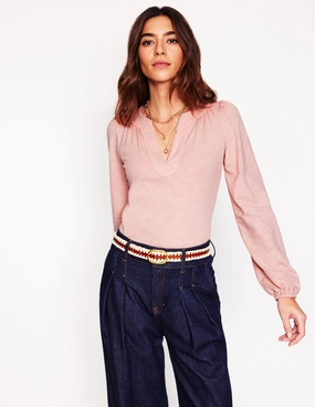 Ava Long Sleeve Trim Top-Milkshake VentilatedMesh Brushed Microfiber Surface