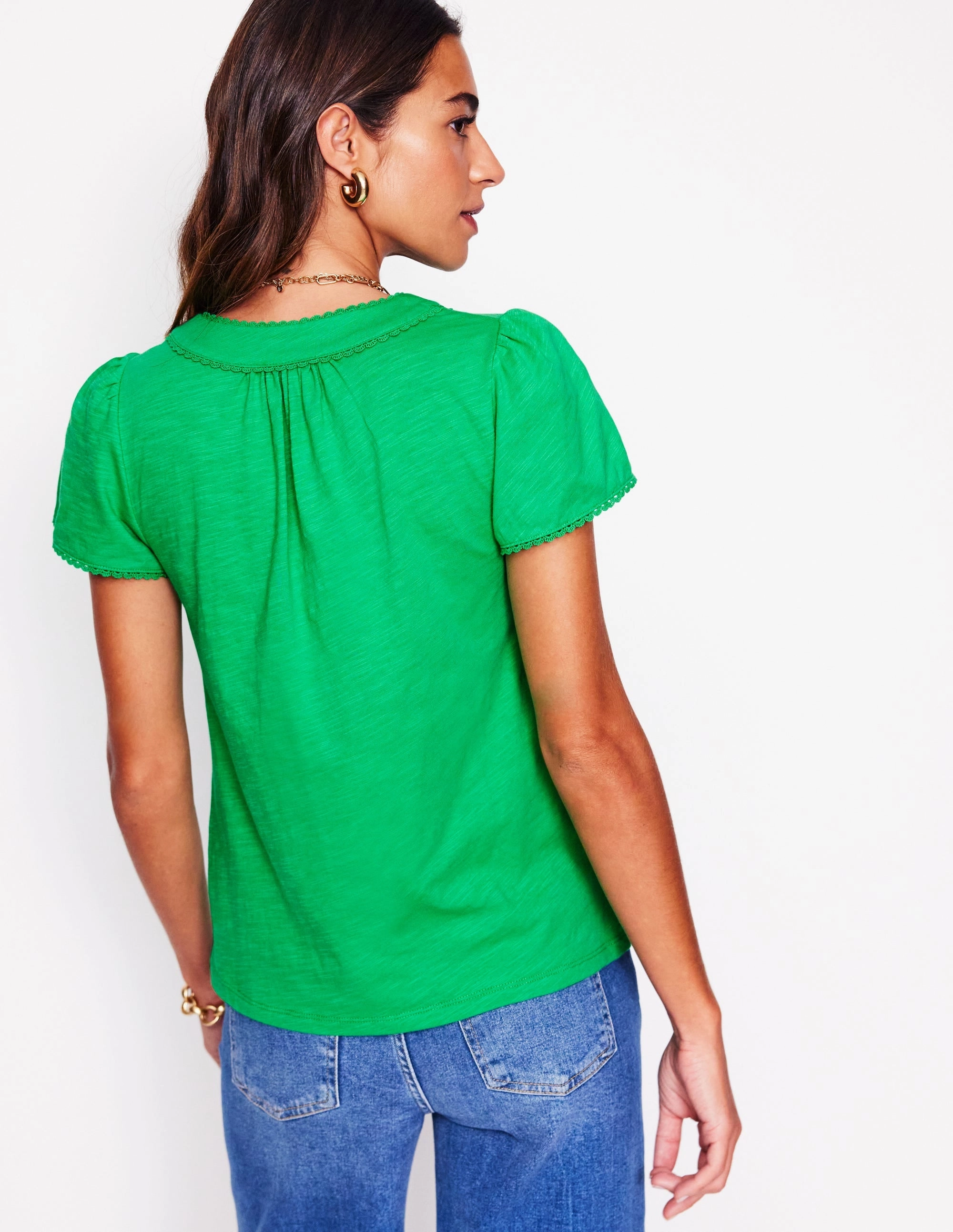 Ava Short Sleeve Top-Sapling Green Compact Weave Fabric