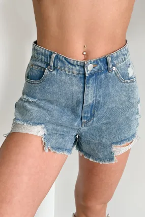 Outdoor Adventure Sport Ready Wear Avril High Rise Distressed Denim Shorts (Light Denim)