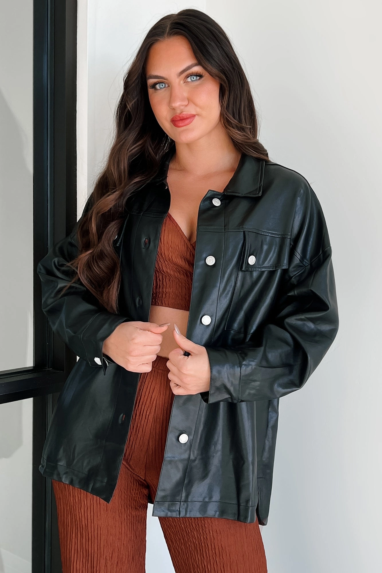 City Ready Wear Baddie Alert Faux Leather Shacket (Black)