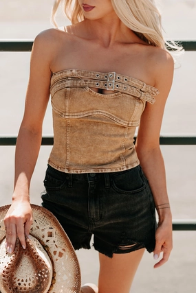 Adjustable drawstring GarmentWashed Softness Baddie Blueprint Strapless Denim Top (Brown)