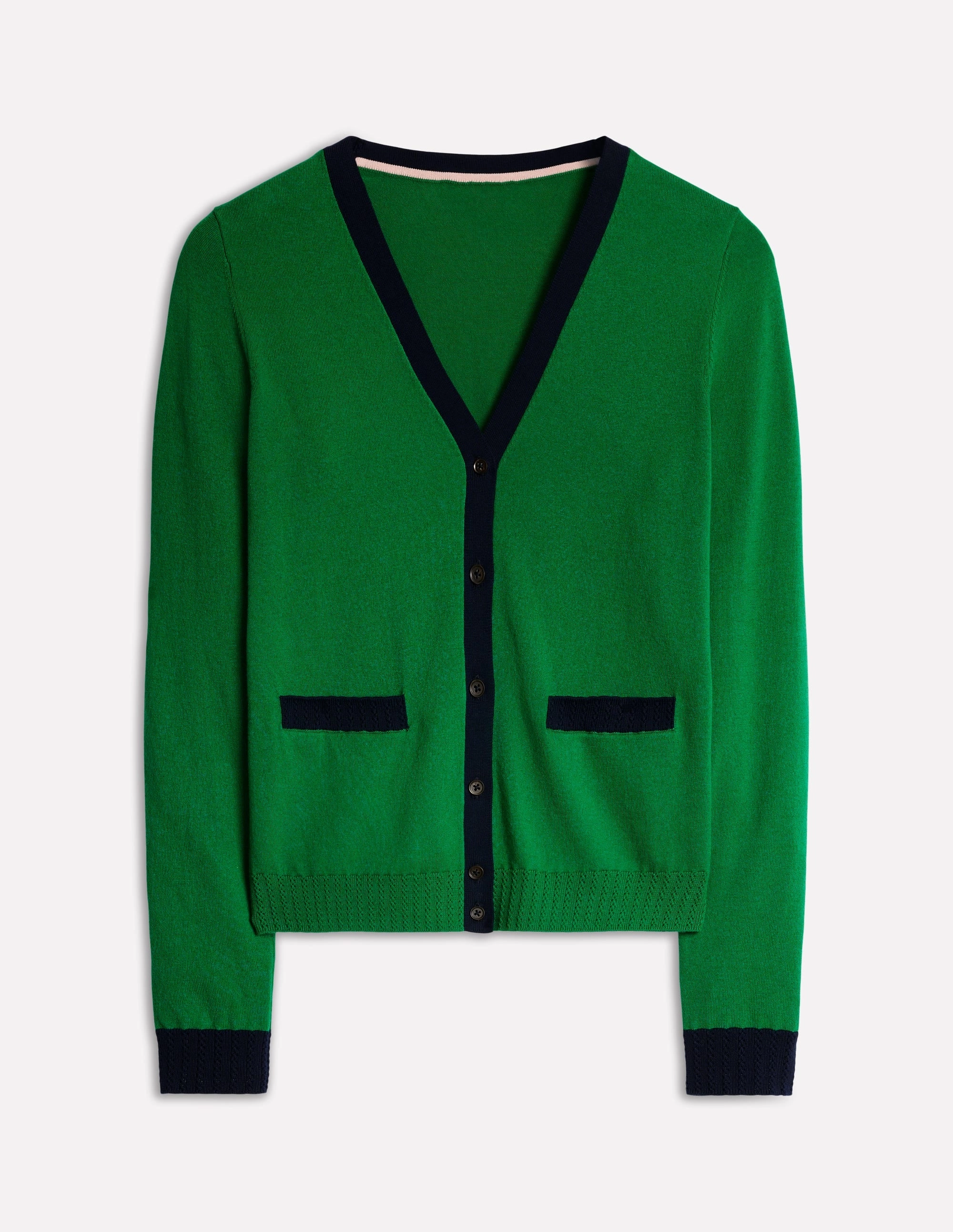 NonRestrictive Cut Under Layer Emilia Cotton V Neck Cardigan-Rich Emerald/Navy