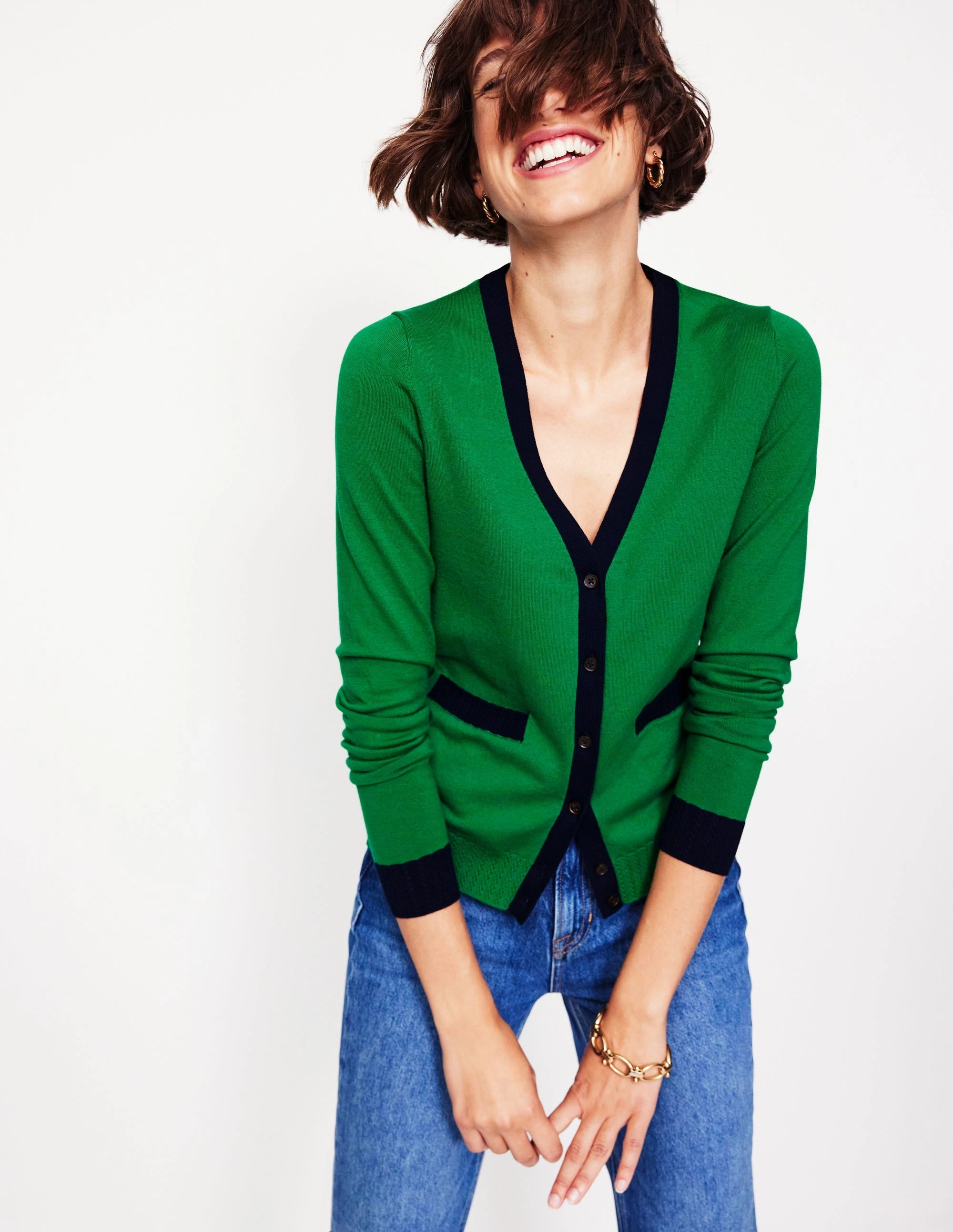 Emilia Cotton V Neck Cardigan-Rich Emerald/Navy FourWay Stretch Design