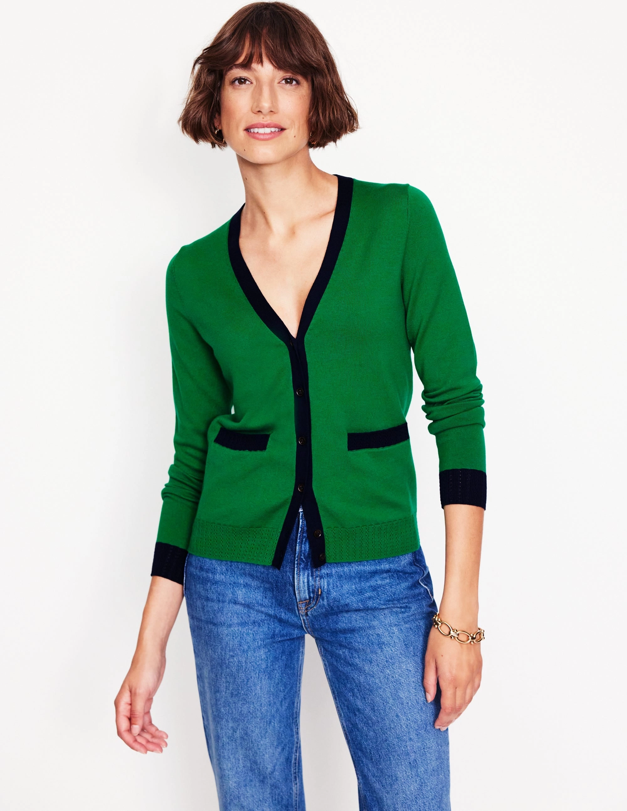 Circular Knit Sustainability Guide Emilia Cotton V Neck Cardigan-Rich Emerald/Navy