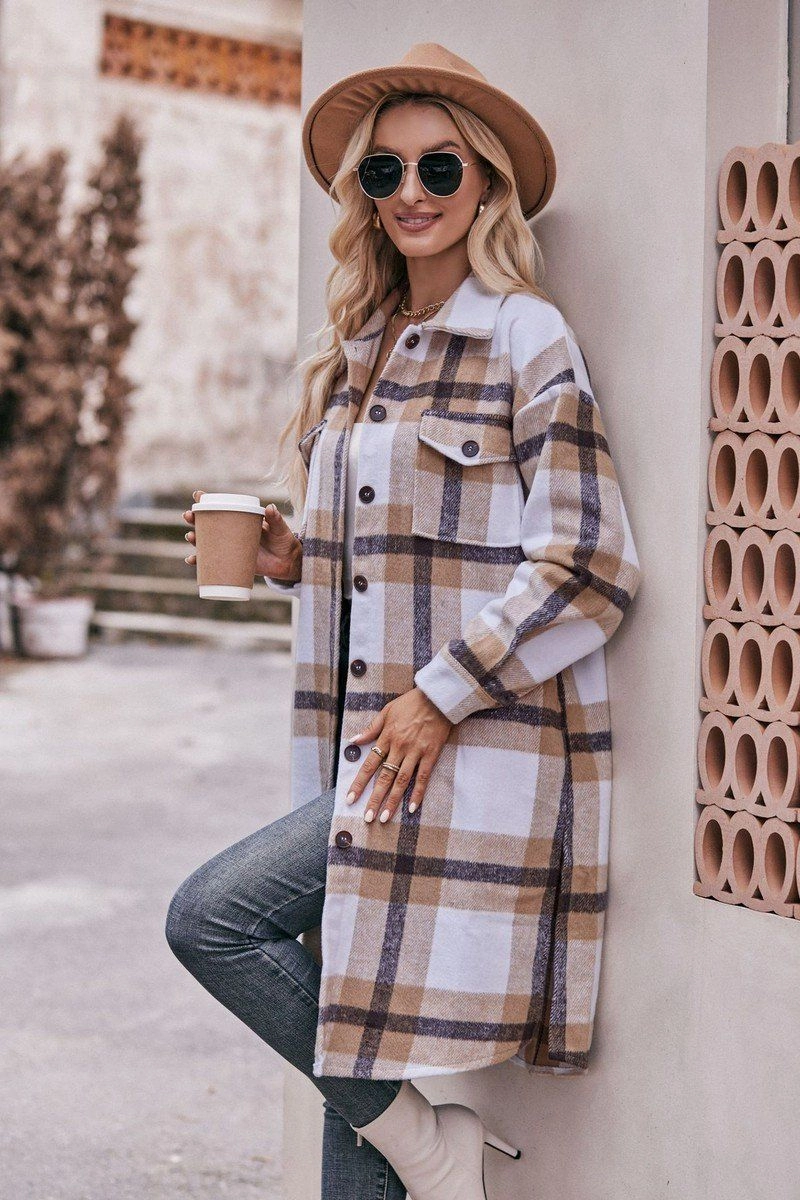 Water Repellent Coating VentilatedMeshPaneling WOMEN CASUAL FLANNEL PLAID LONG BUTTON UP COAT