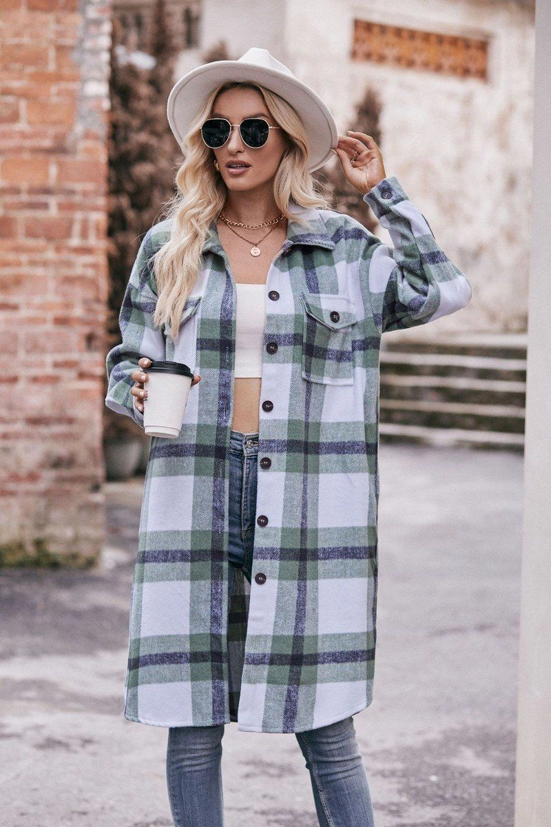 PortableOption Bonded Seam Tape WOMEN CASUAL FLANNEL PLAID LONG BUTTON UP COAT