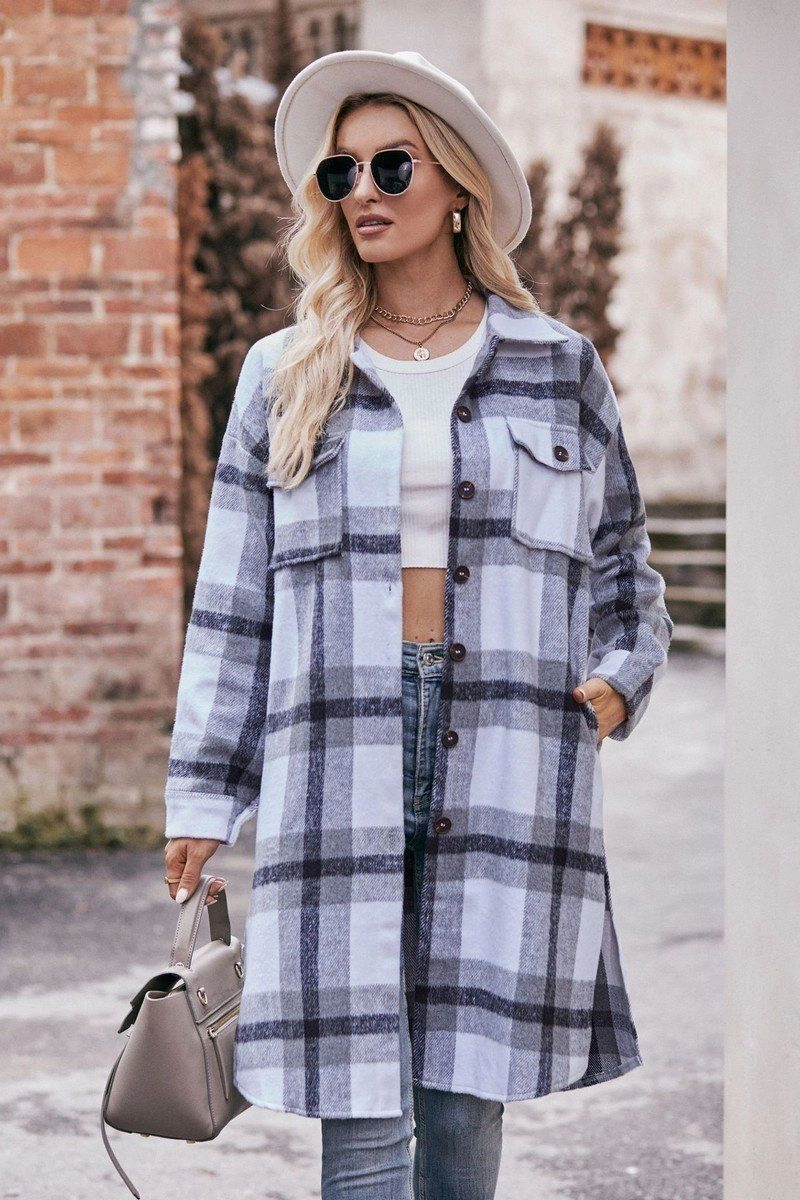 WOMEN CASUAL FLANNEL PLAID LONG BUTTON UP COAT Hidden Zipper Pocket