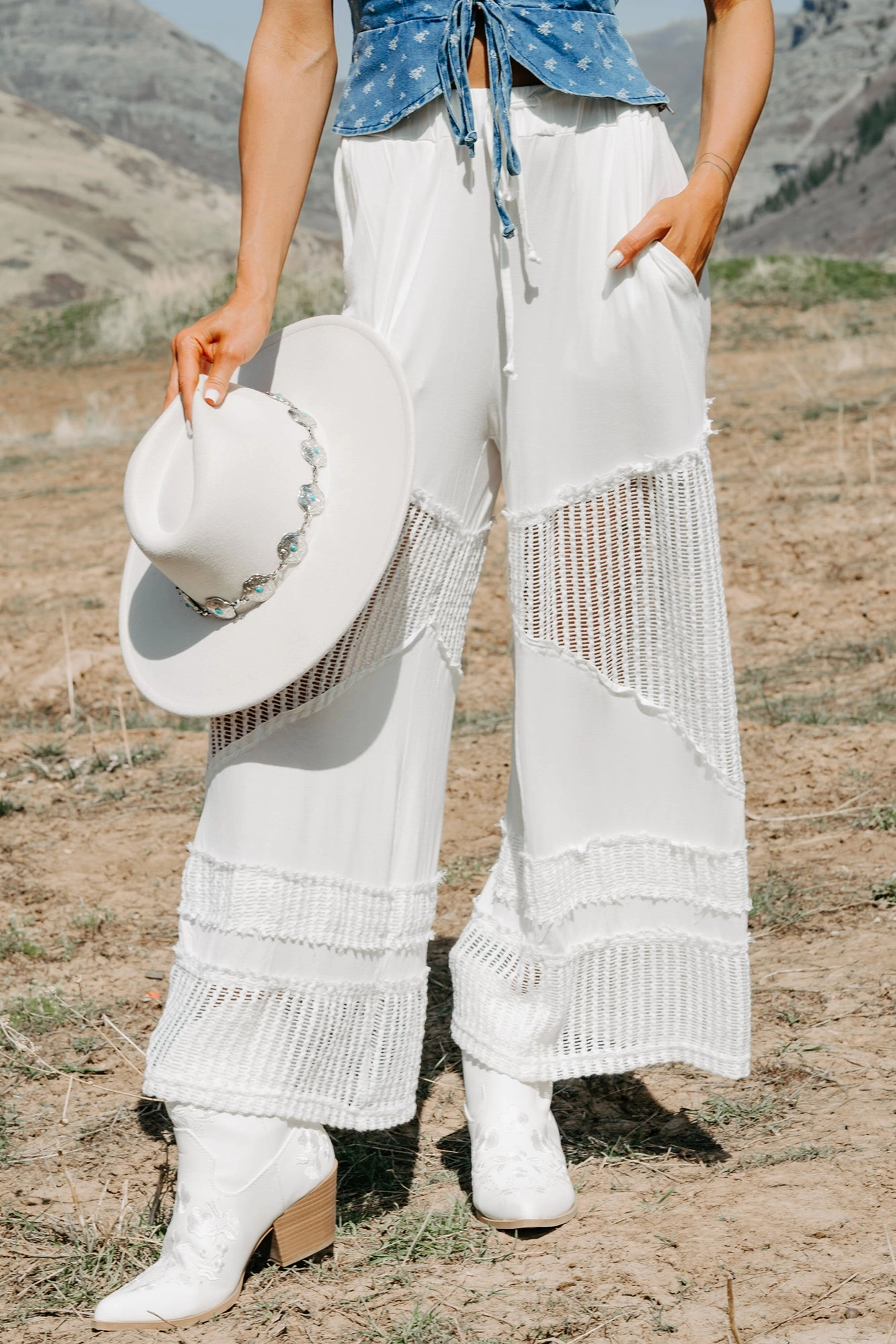 Perfect Silhouette Barefoot Freedom POL Crochet Wide Leg Pants (White)