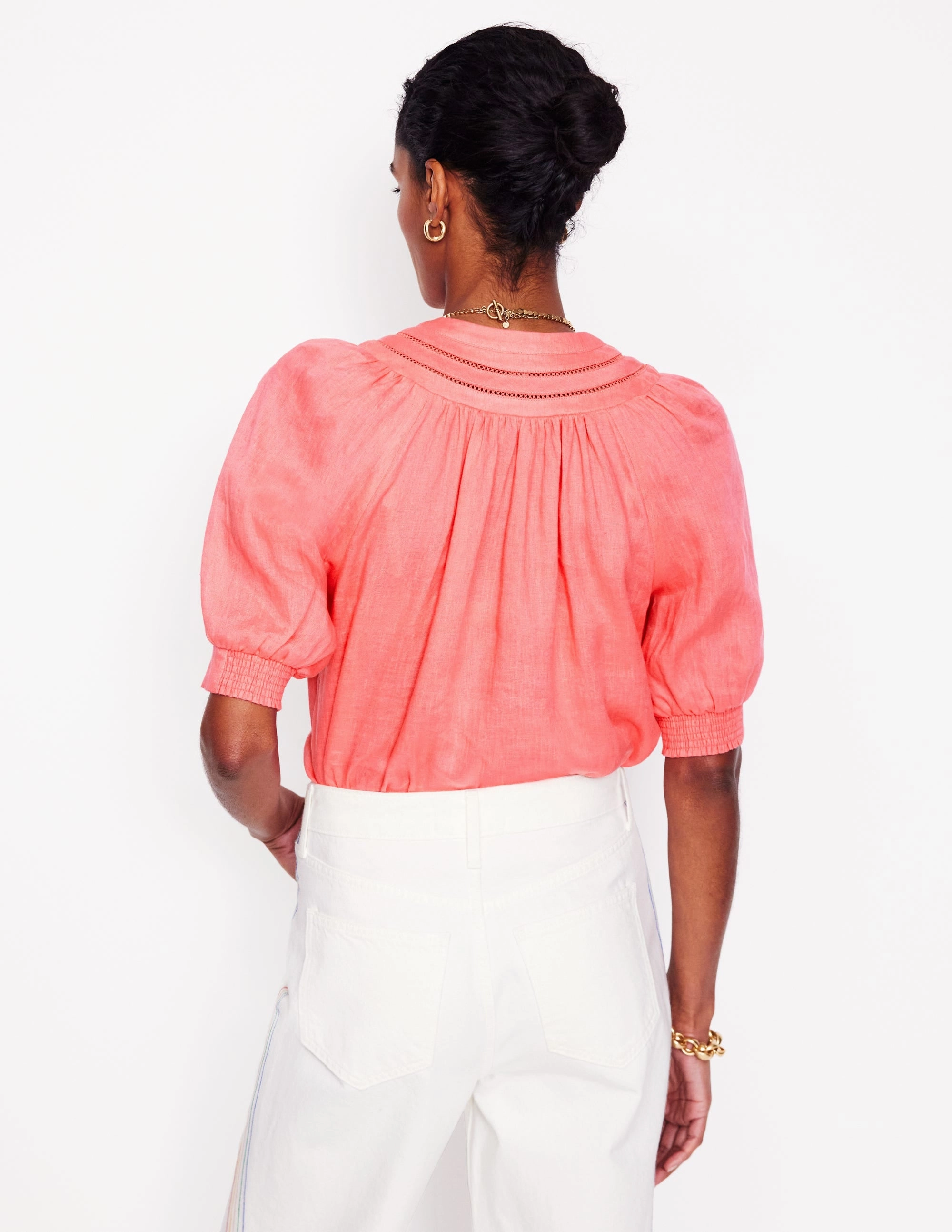 Bea Linen Top-Azealia Pink Flatlock Stitching Technique