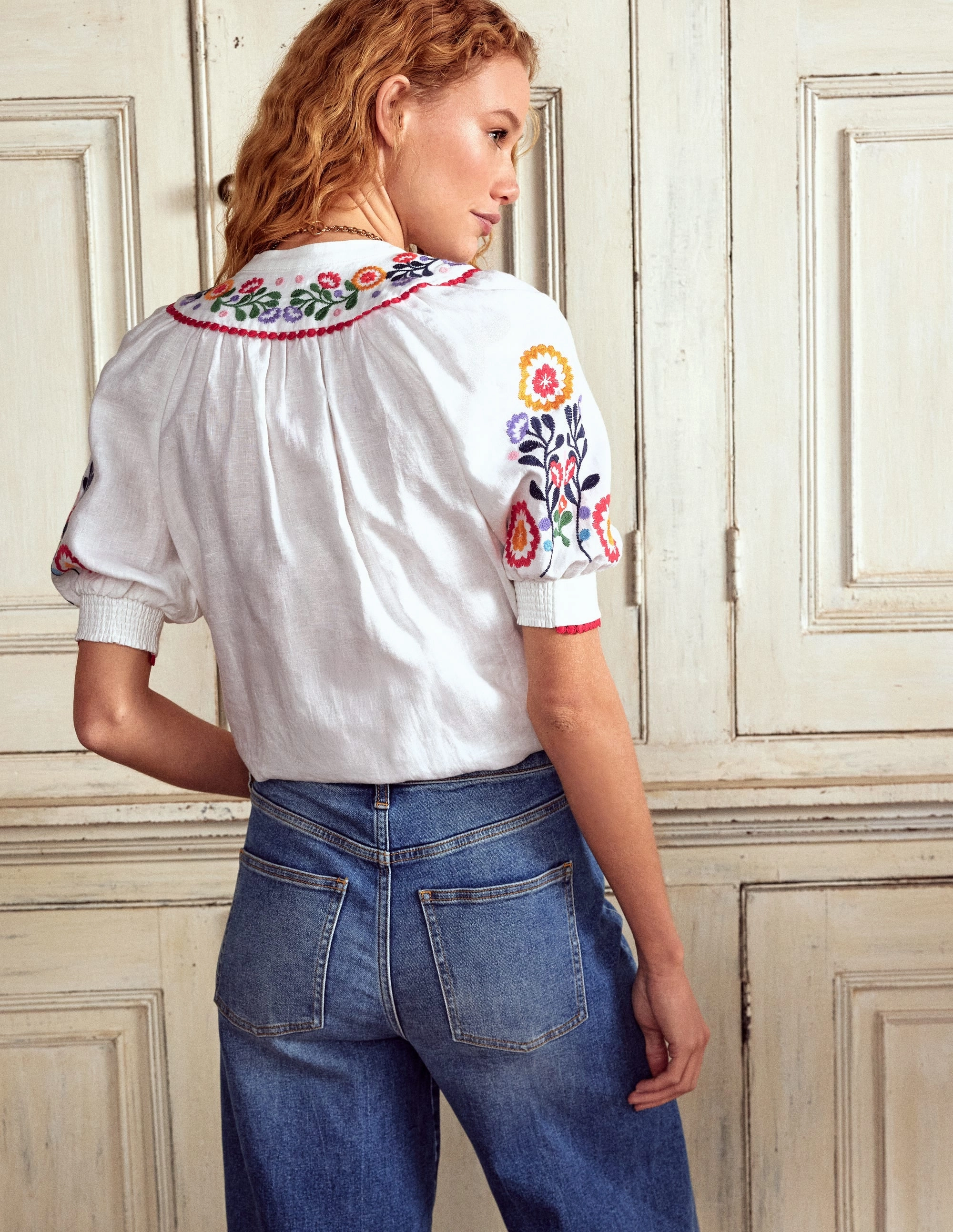 Chic Cardigan Bea Linen Top-White, Embroidery