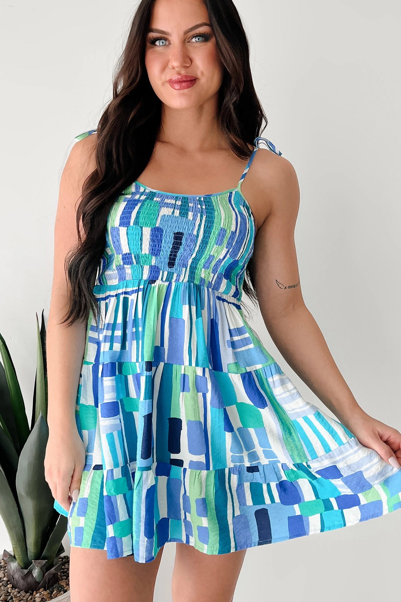 Wild Wishes Sleeveless Abstract Mini Dress (Blue/Multi) Stud-Detail Stylish dinner attire